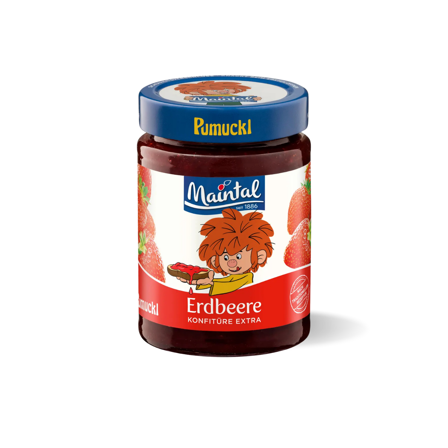 Pumuckl Erdbeer Konfitüre Extra im Glas mit blauem Schraubverschluss. Süße Marmelade für Kinder.