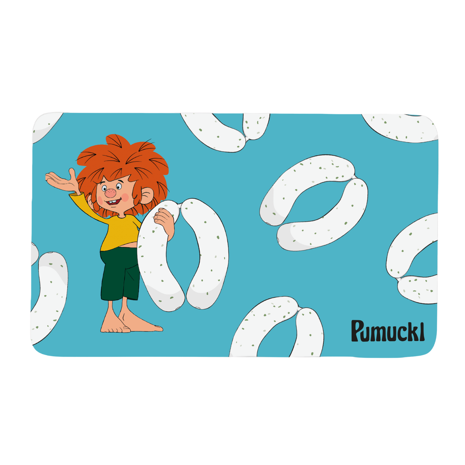 Brotzeitbrettl mit Pumuckl in Gelb und Grün, bayerische Weißwürste vor blauem Hintergrund