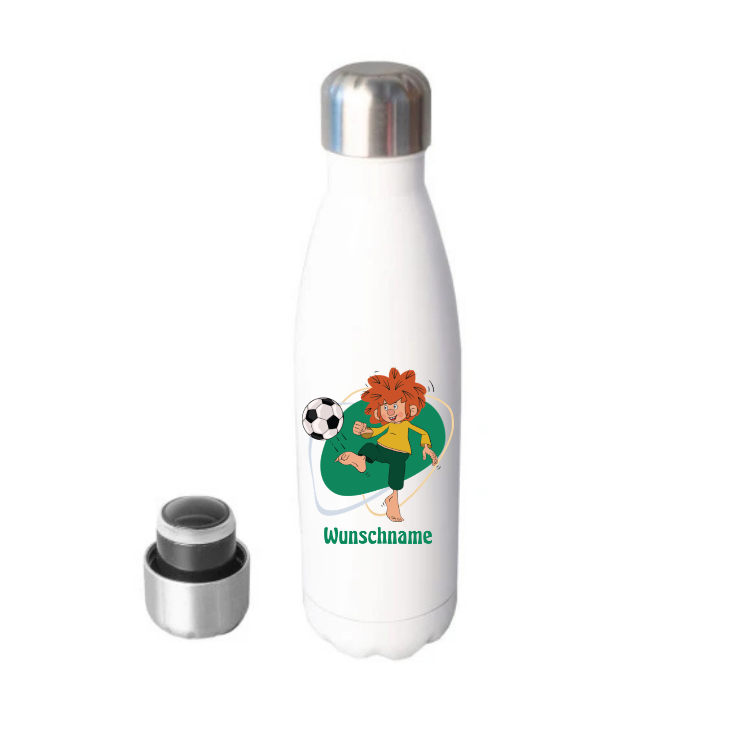 Weiße Pumuckl Trinkflasche mit Fußballmotiv, Personalisierung und Stahlverschluss