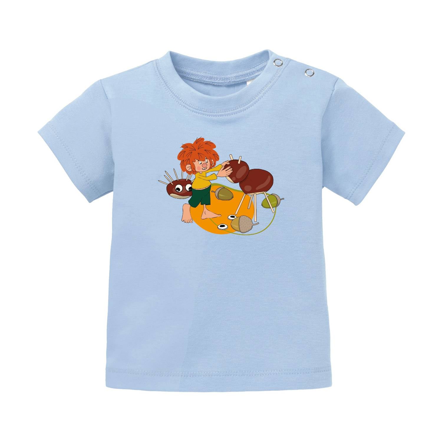 Helles Pumuckl Baby T-Shirt Natur narrisch mit lustigem Pumuckl-Motiv und Eicheln auf blauem Stoff.