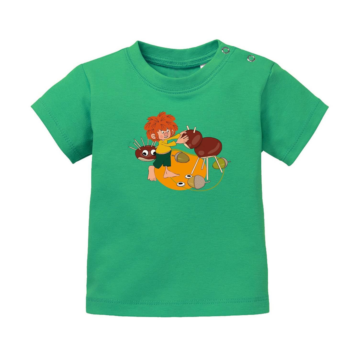 Grünes ®Pumuckl Baby T-Shirt "Natur narrisch" mit Pumuckl und gebastelten Kastanientieren.