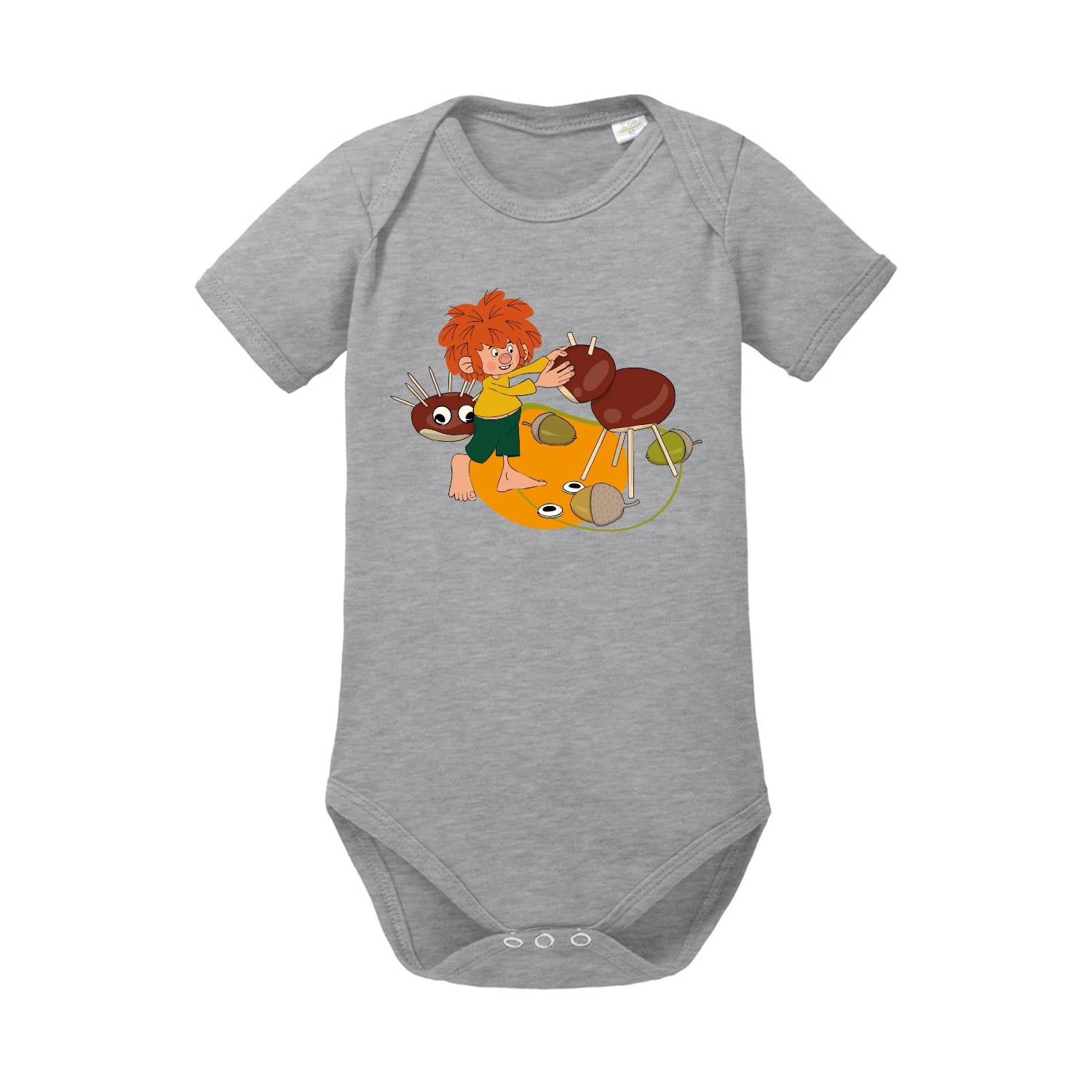 Grauer Pumuckl Baby-Body Natur narrisch mit koboldrotem Haarschopf und Kastanienmotiv, weiche Bio-Baumwolle.