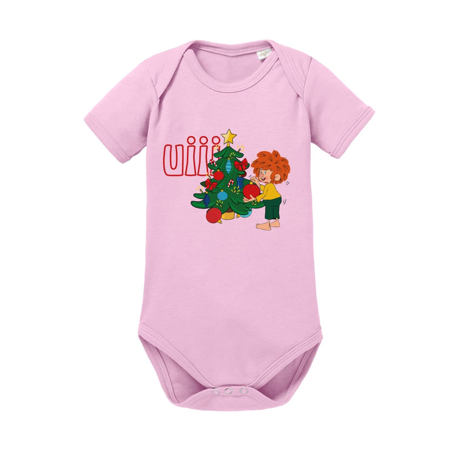 Pumuckl Baby-Body "uiii Weihnachten" in Rosa mit Kobold beim Schmücken eines Weihnachtsbaums
