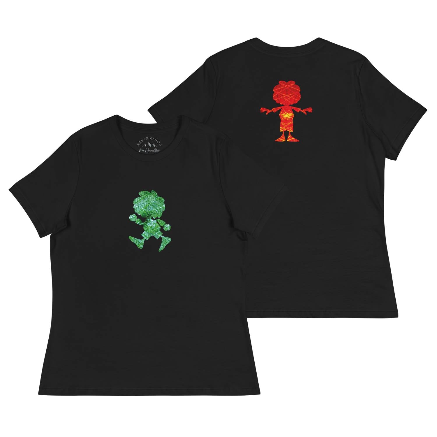 Damen T-Shirt mit Pumuckl-Motiven vorne und hinten, Sonderedition aus Bio-Baumwolle, 155 g/m².