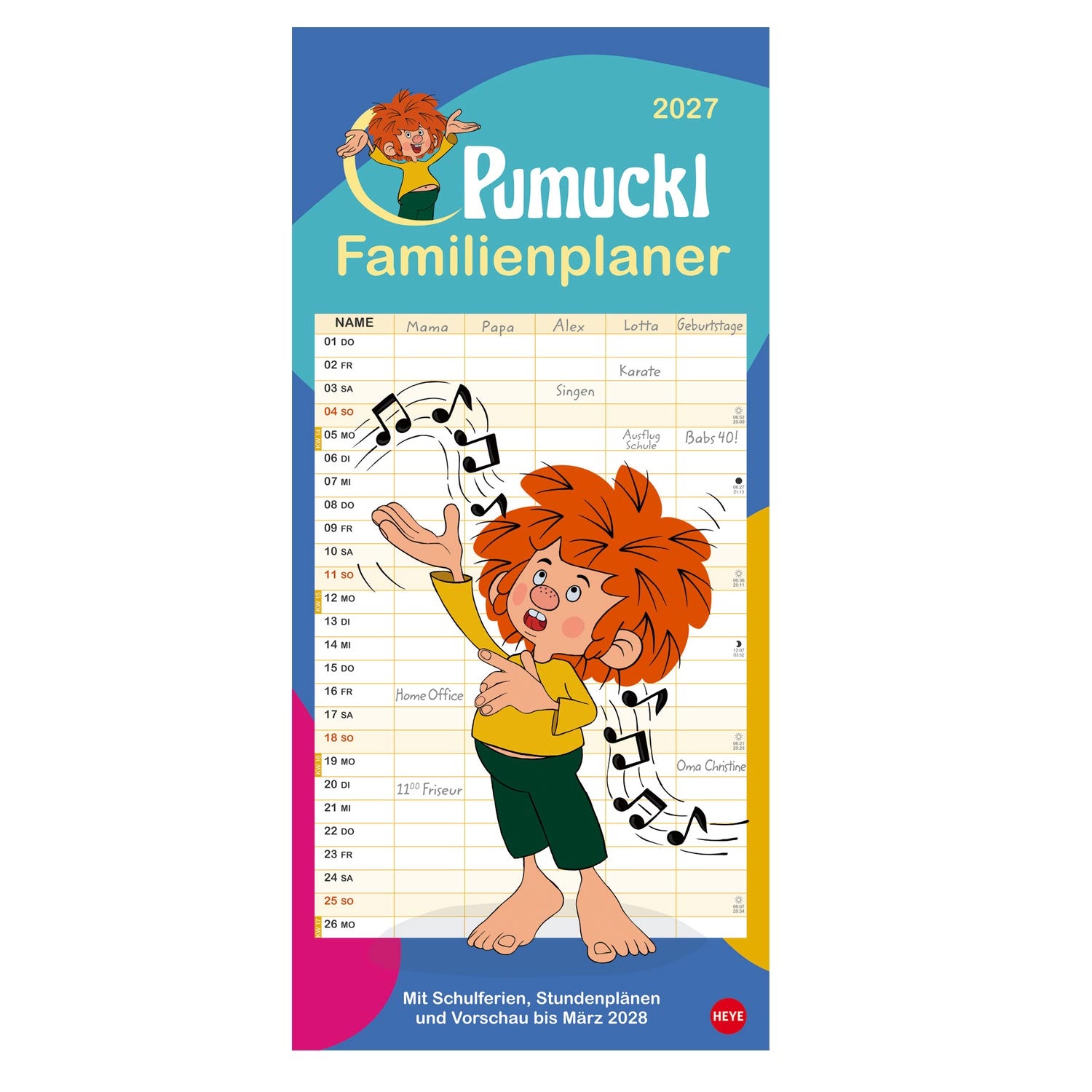 Pumuckl Familienkalender 2027 für Familienorganisation mit Monatsübersicht, Schulferien und lustigem Kobold Motiv.