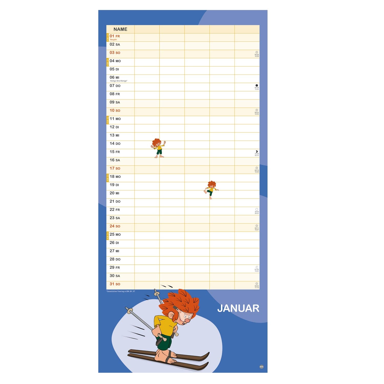 Pumuckl Familien-Kalender 2027 Januar-Seite mit Wochenübersicht und Pumuckl beim Skifahren.