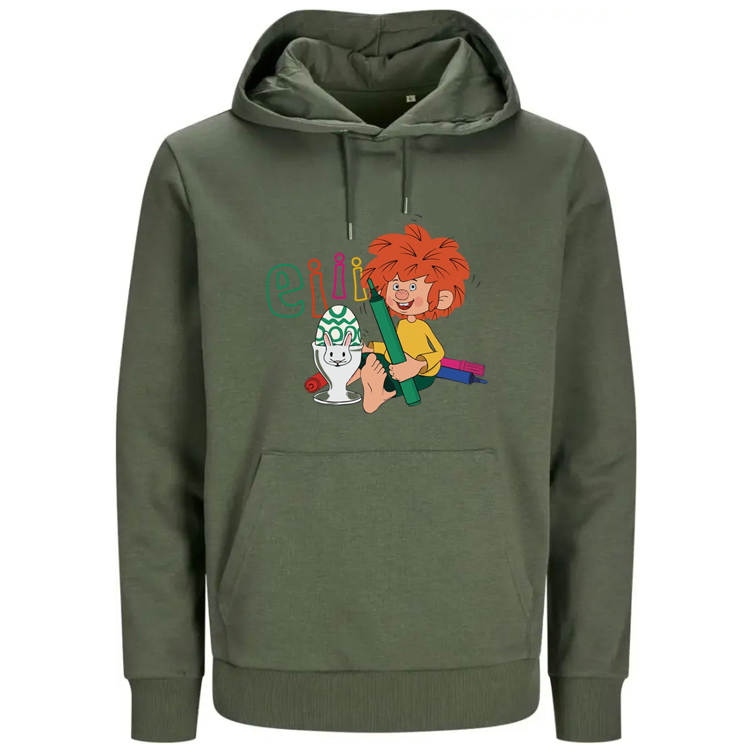 Grüner Unisex Hoodie mit Pumuckl-Motiv, der ein Osterei bemalt, perfekt für Ostern.