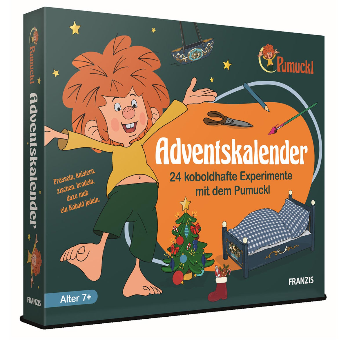 Pumuckl Adventskalender „Koboldhafte Experimente“ – Verpackung mit Pumuckl, Christbaum und Meister Eders Bett, ab 7 Jahren