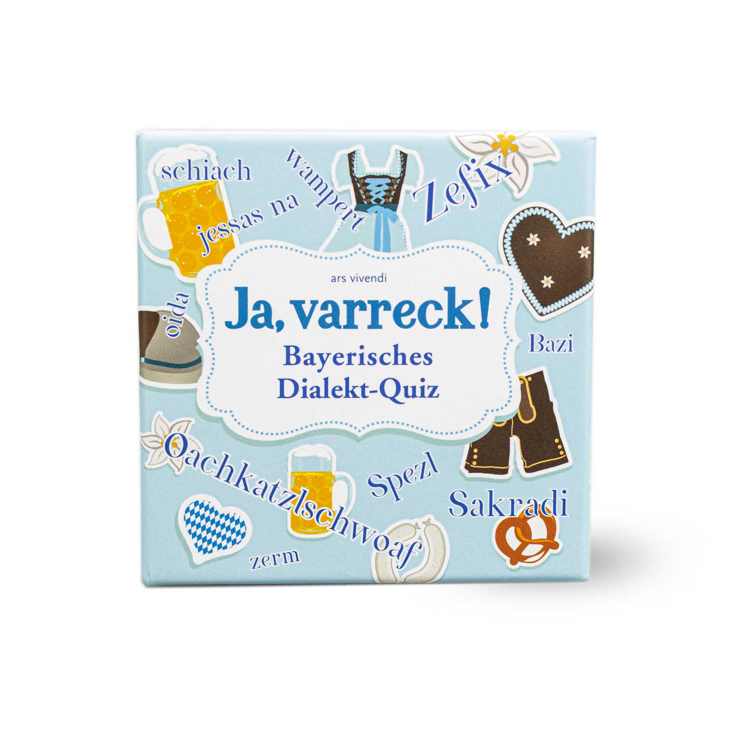 Kartenspiel mit dem Schriftzug „Ja, varreck!“ auf dem Deckel, quadratisch, 66 Karten, ca. 85 x 85 x 35 mm.
