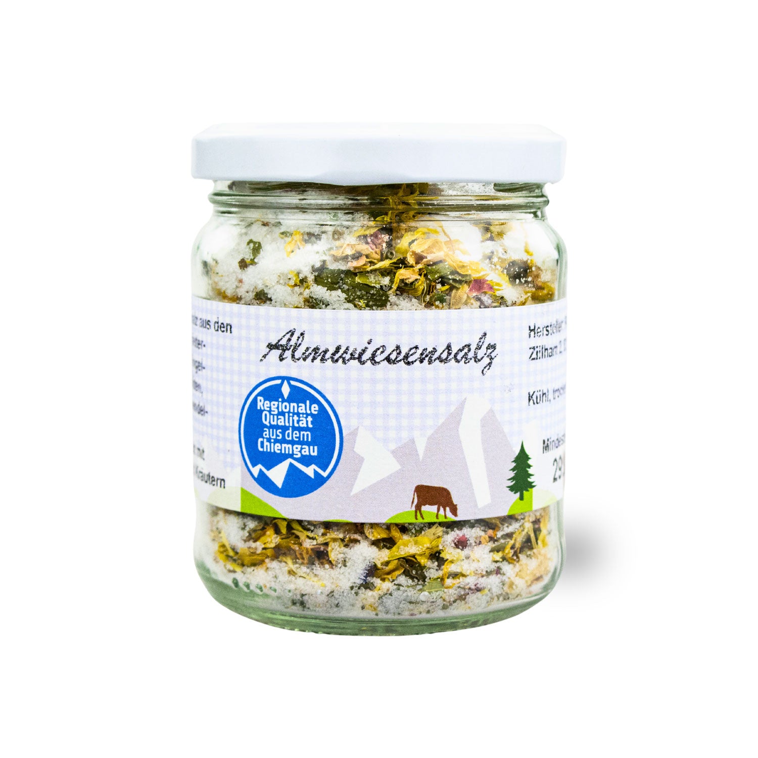 Grobes Speisesalz mit sichtbaren Blütenanteilen in Rosa-, Gelb- und Lilatönen, vegan, ohne Zusatzstoffe, 200 g.