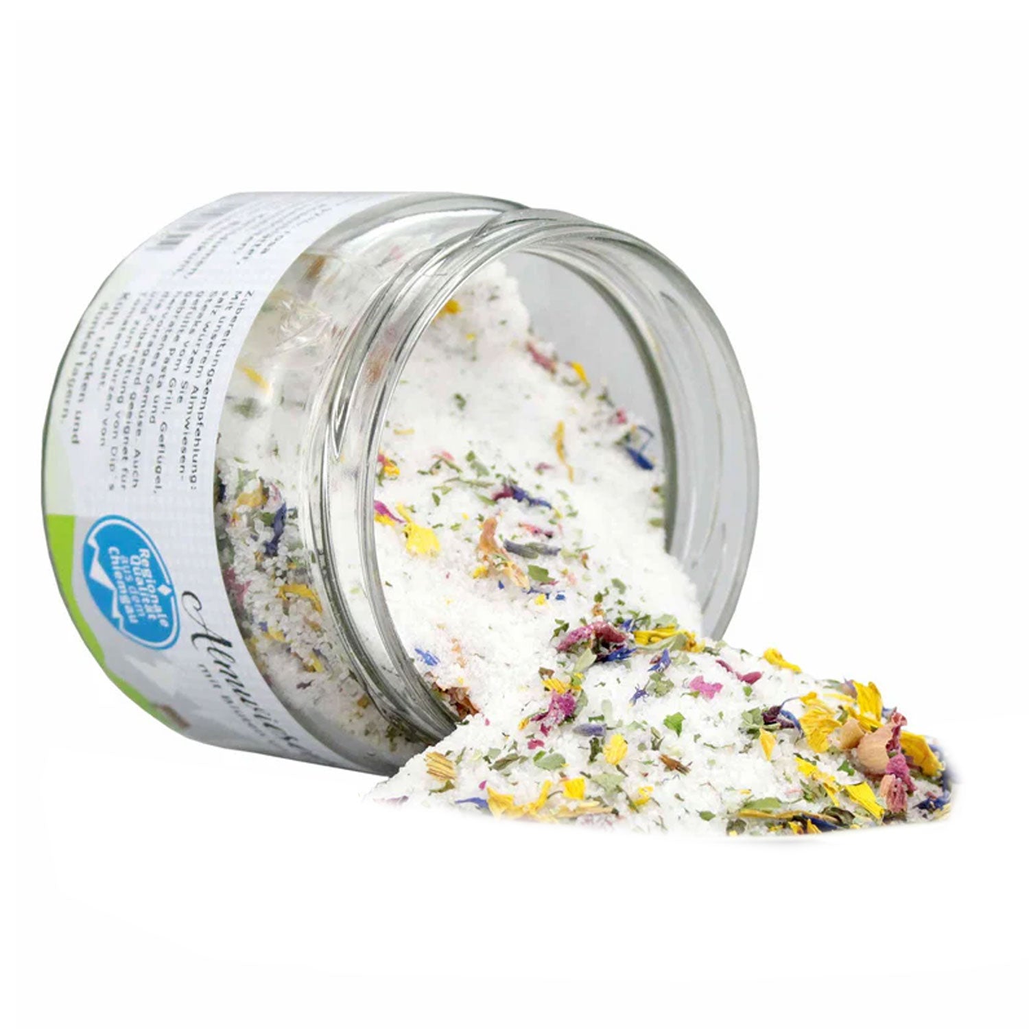 Grobes Chiemgauer Speisesalz mit bunten Blütenstücken, vegan hergestellt, ohne Zusatzstoffe, 200 g.