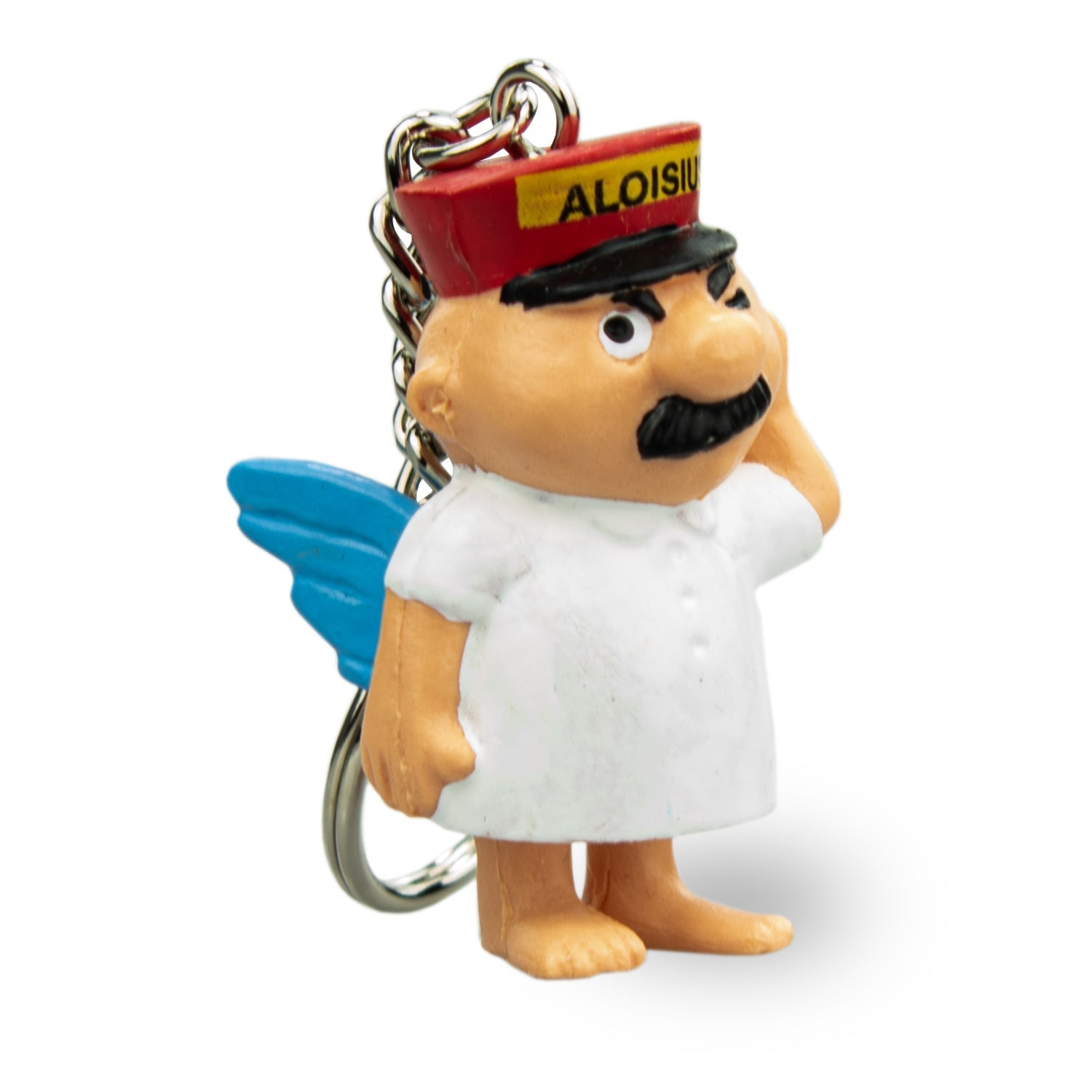 Engel Aloisius Anhänger Schlawuzi, blaue Flügel, roter Hut mit Aufschrift Aloisiu, grinsendes Gesicht.