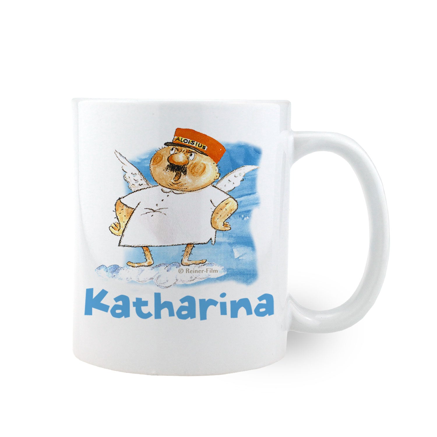 Weiße Keramiktasse mit Aufdruck des Engels Aloisius und personalisierbarem Namensfeld, ca. 330 ml.