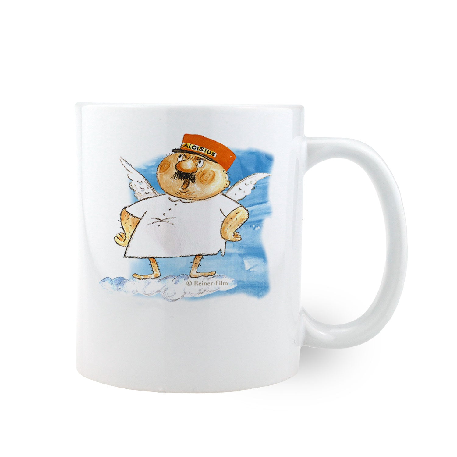 Weiße Kaffeetasse mit Henkel, bedruckt mit gezeichnetem Engel Aloisius und personalisierbarem Namensfeld, 330 ml.