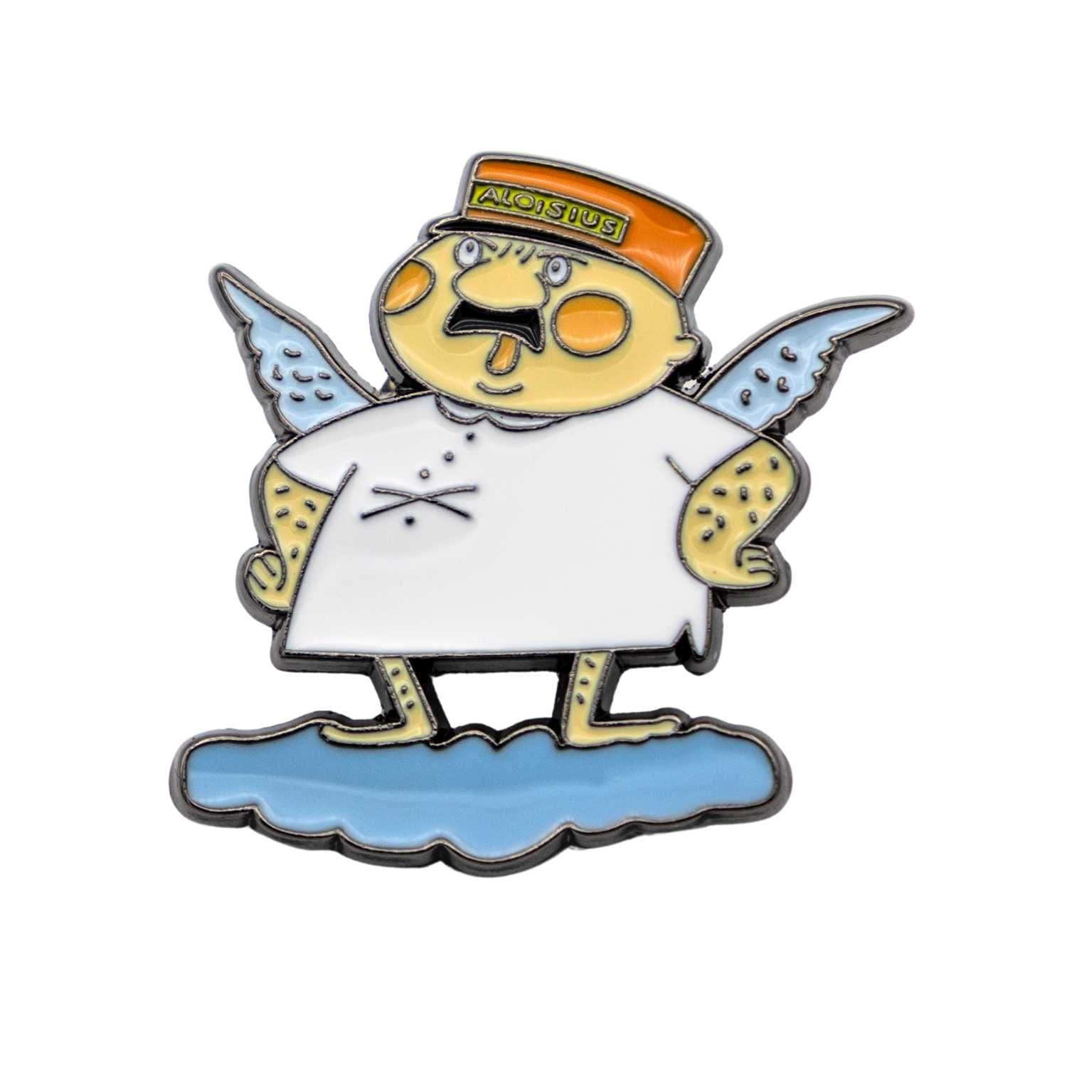 Engel Aloisius Pin Luhja Detailansicht: gelber Engel mit Hut, Flügeln und Wolke, buntes Ansteckzeichen