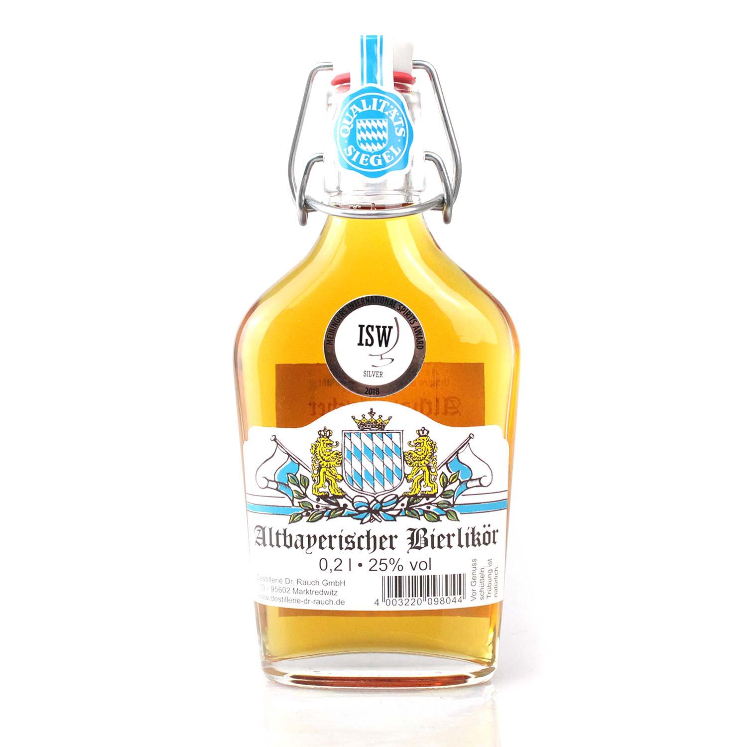 Altbayrischer Bierlikör aus bayerischem Bier, bernsteinfarben, in Glasflasche mit Bügelverschluss, 0,2 Liter.