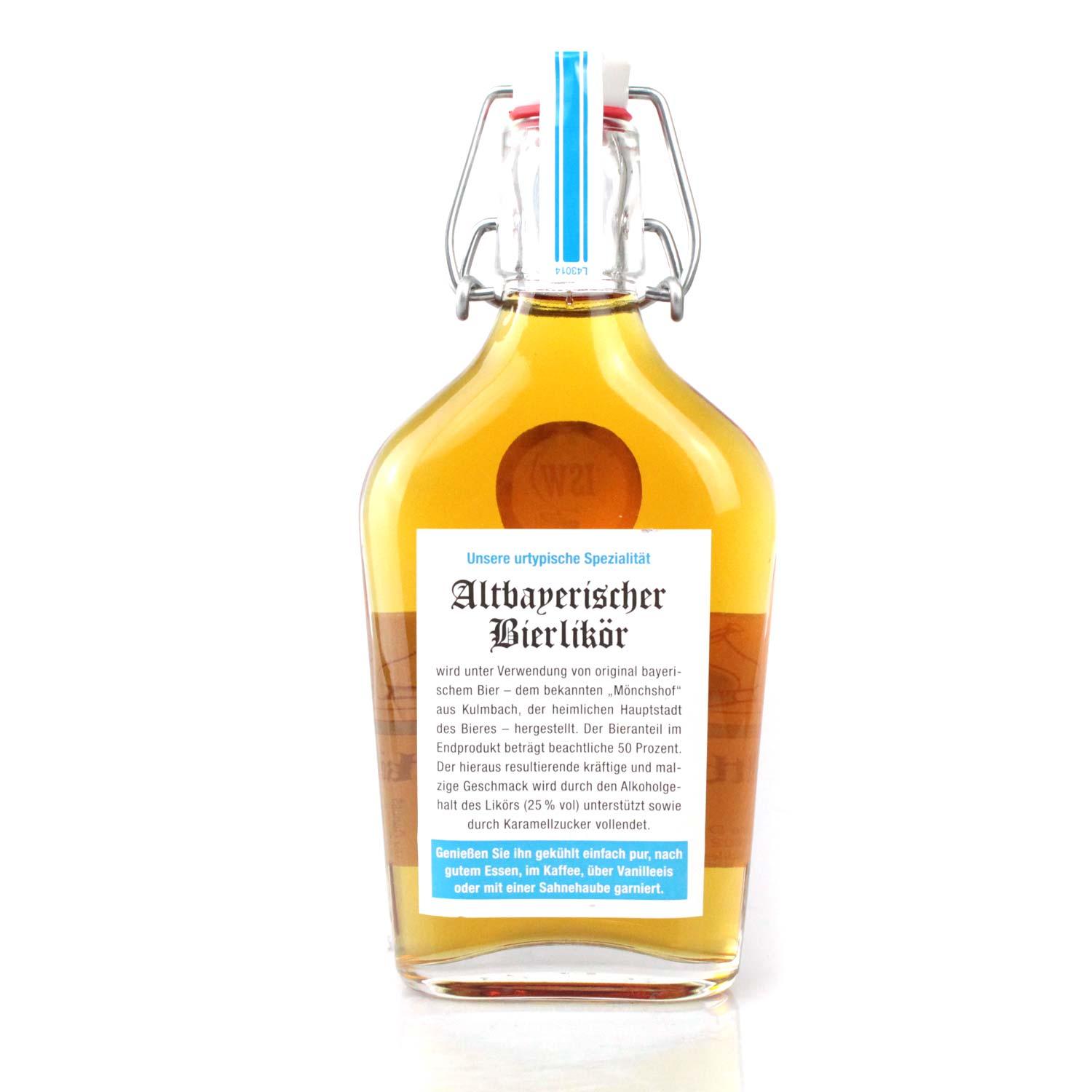 Altbayrischer Bierlikör aus bayerischem Bier nach überlieferter Rezeptur, bernsteinfarben in Glasflasche mit Bügelverschluss, 0,2 Liter.