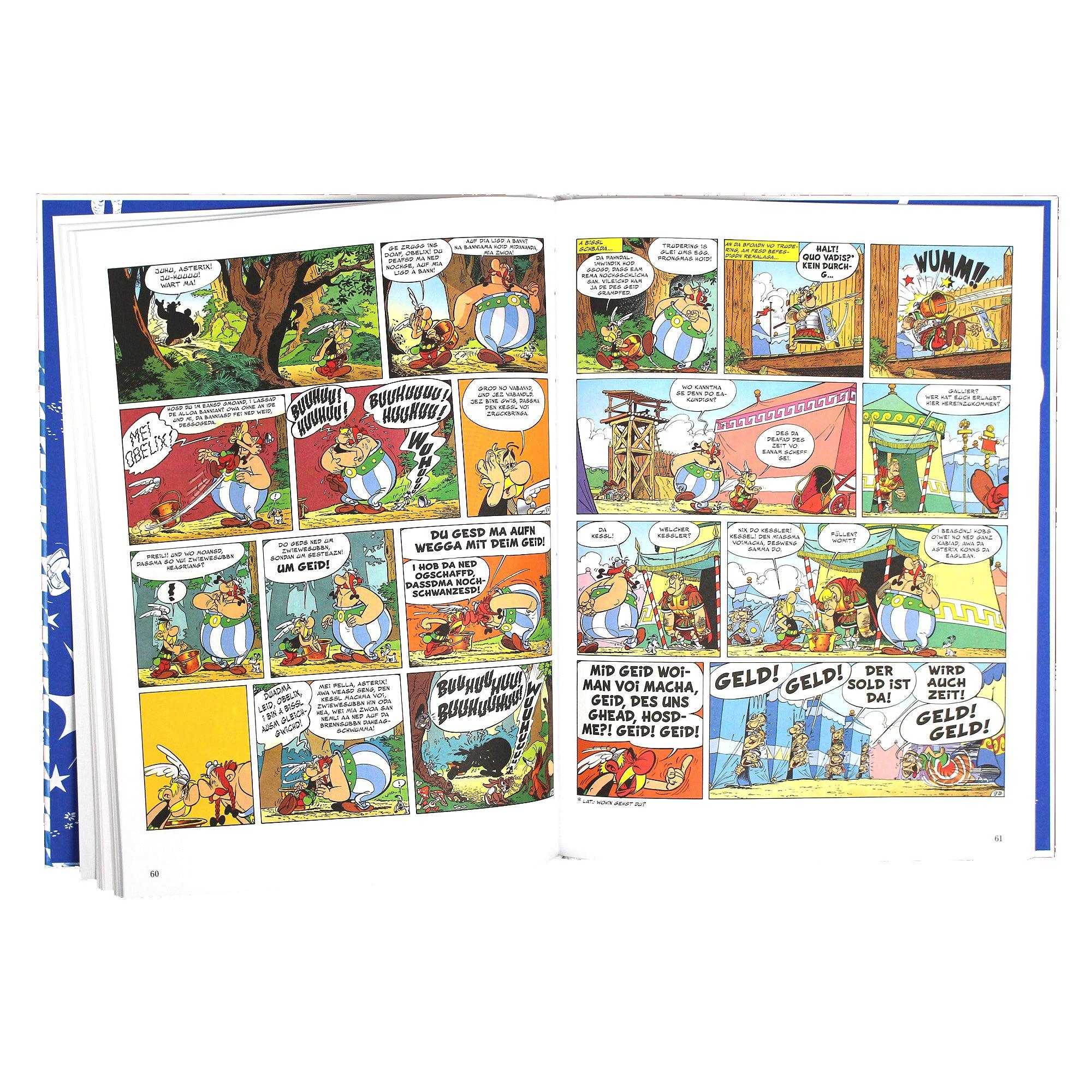 Comicbuch in Hochformat mit farbigem Cover, Asterix-Motiv und bayerischem Dialekt-Schriftzug, 98 Seiten.