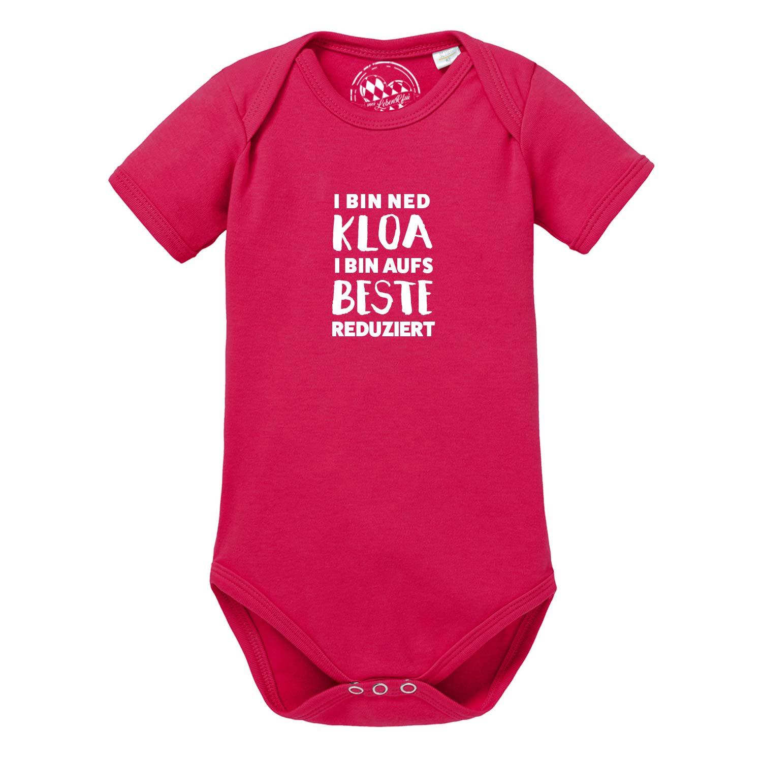 Weißer Babybody mit kurzem Arm, bayerischem Löwen-Motiv und blauem Schriftzug „aufs Beste reduziert“, reine Baumwolle.