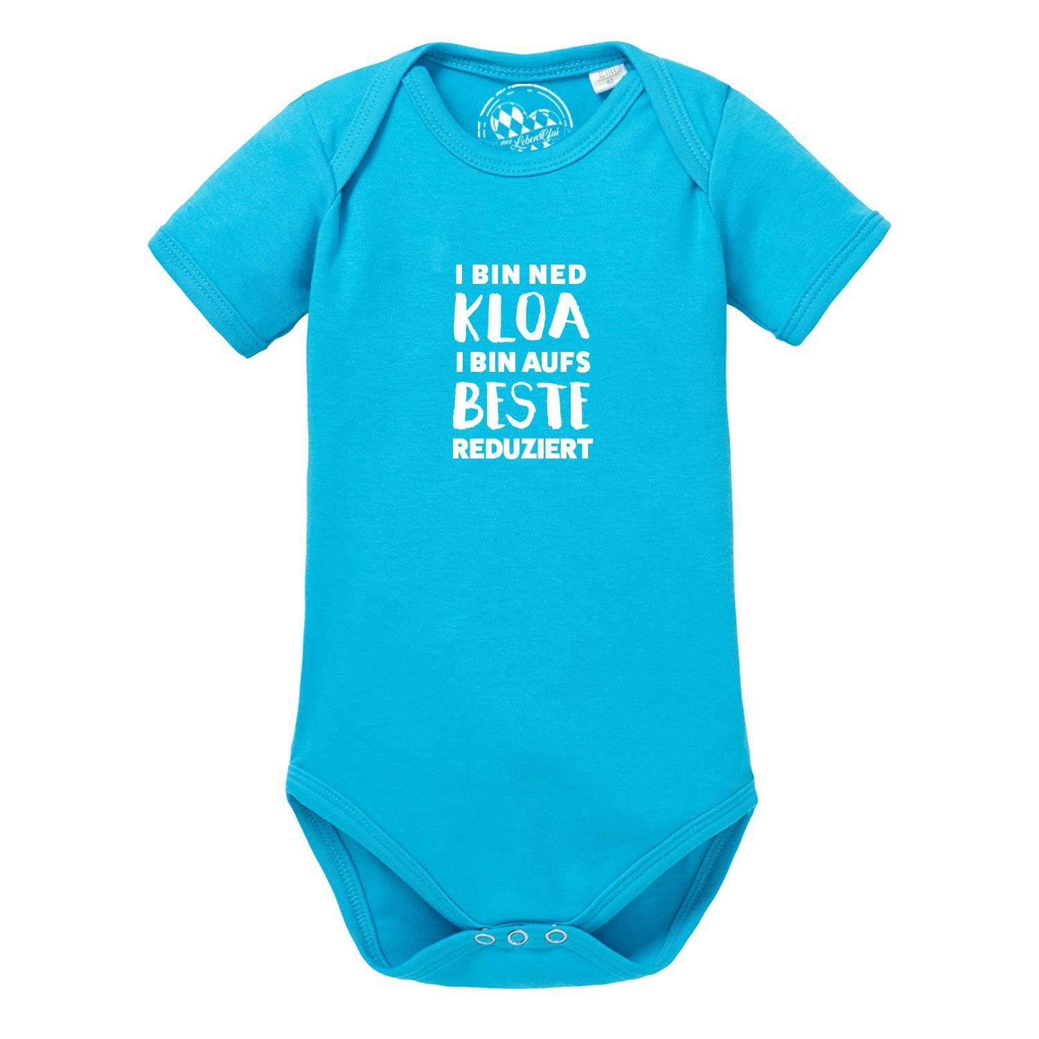 Kurzärmeliger Babybody in Weiß mit dunkelblauem Aufdruck „aufs Beste reduziert“, runder Halsausschnitt, aus Baumwolle.