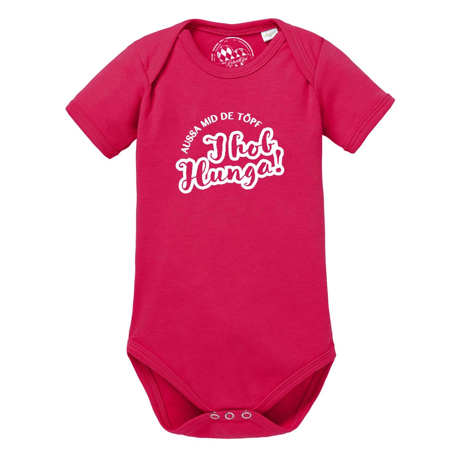 Weißer Kurzarm-Babybody mit schwarzem Aufdruck „Aussa mid de Töpf…“, runder Halsausschnitt, reine Baumwolle.