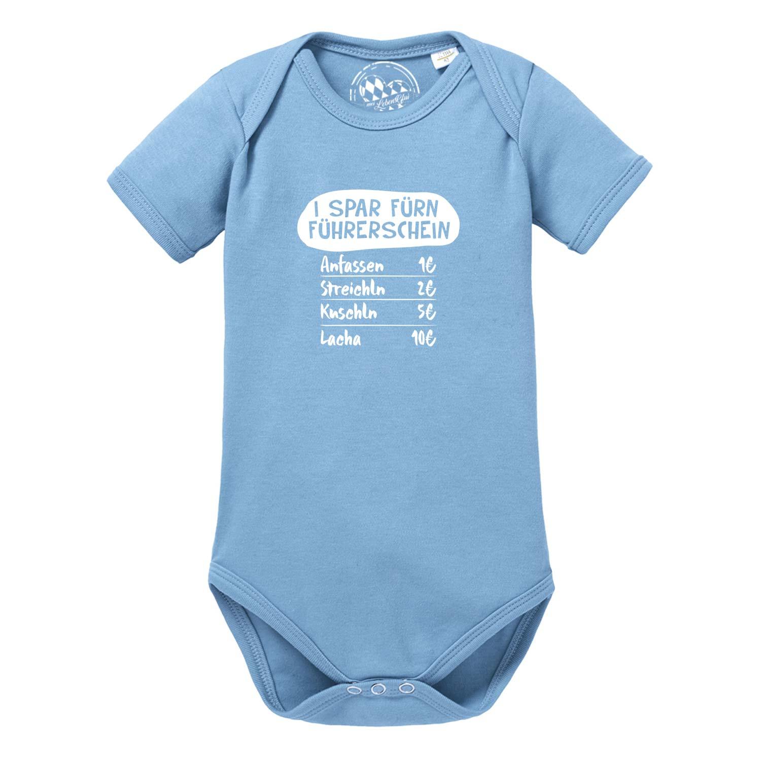 Blauer Baby Body "fürn Führerschein" mit lustigem Spruch und Preisliste für Anfassen, Streicheln.