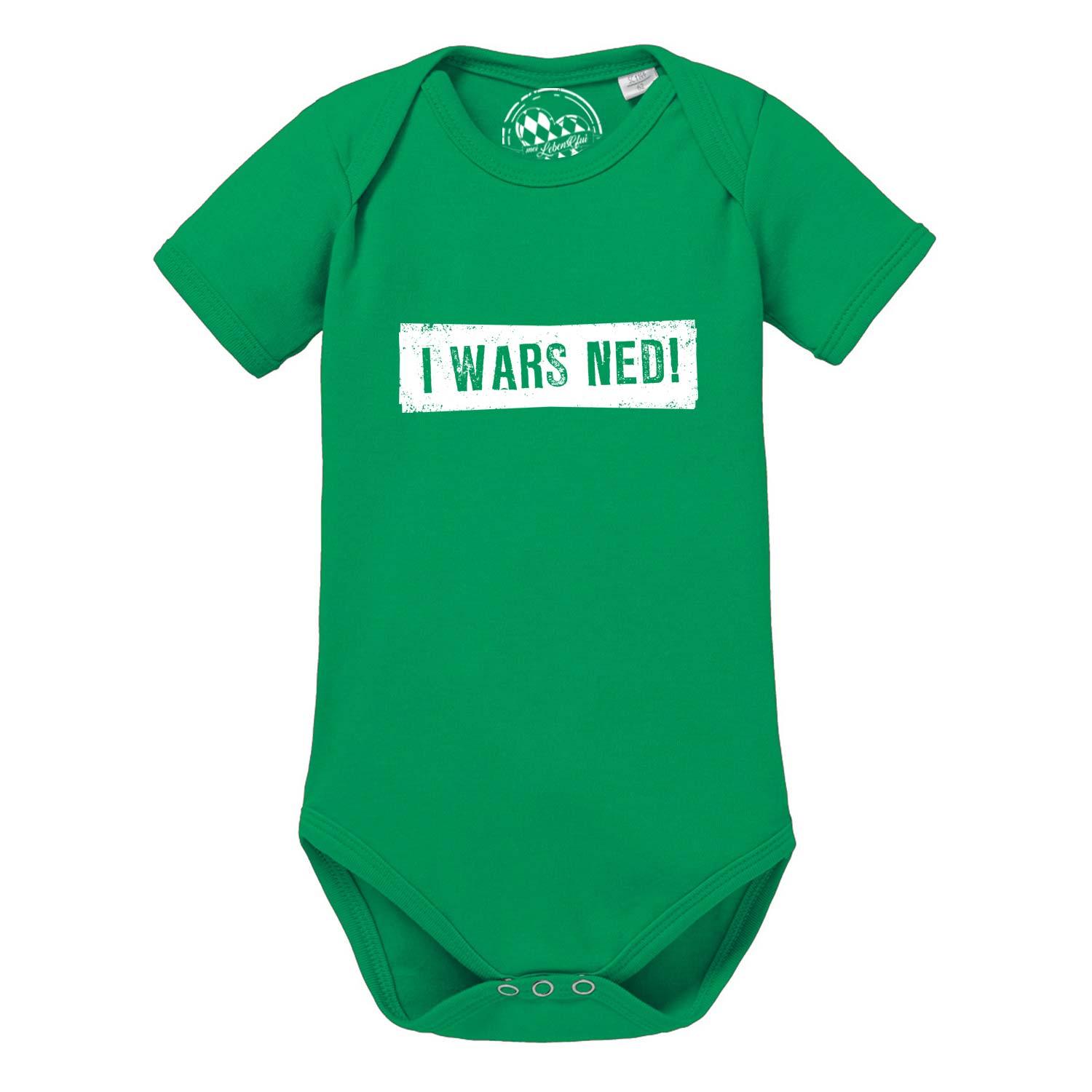 Baby Body I wars ned! in leuchtendem Grün mit weißem Spruchblock-Design, kurzärmlig mit Druckknöpfen.