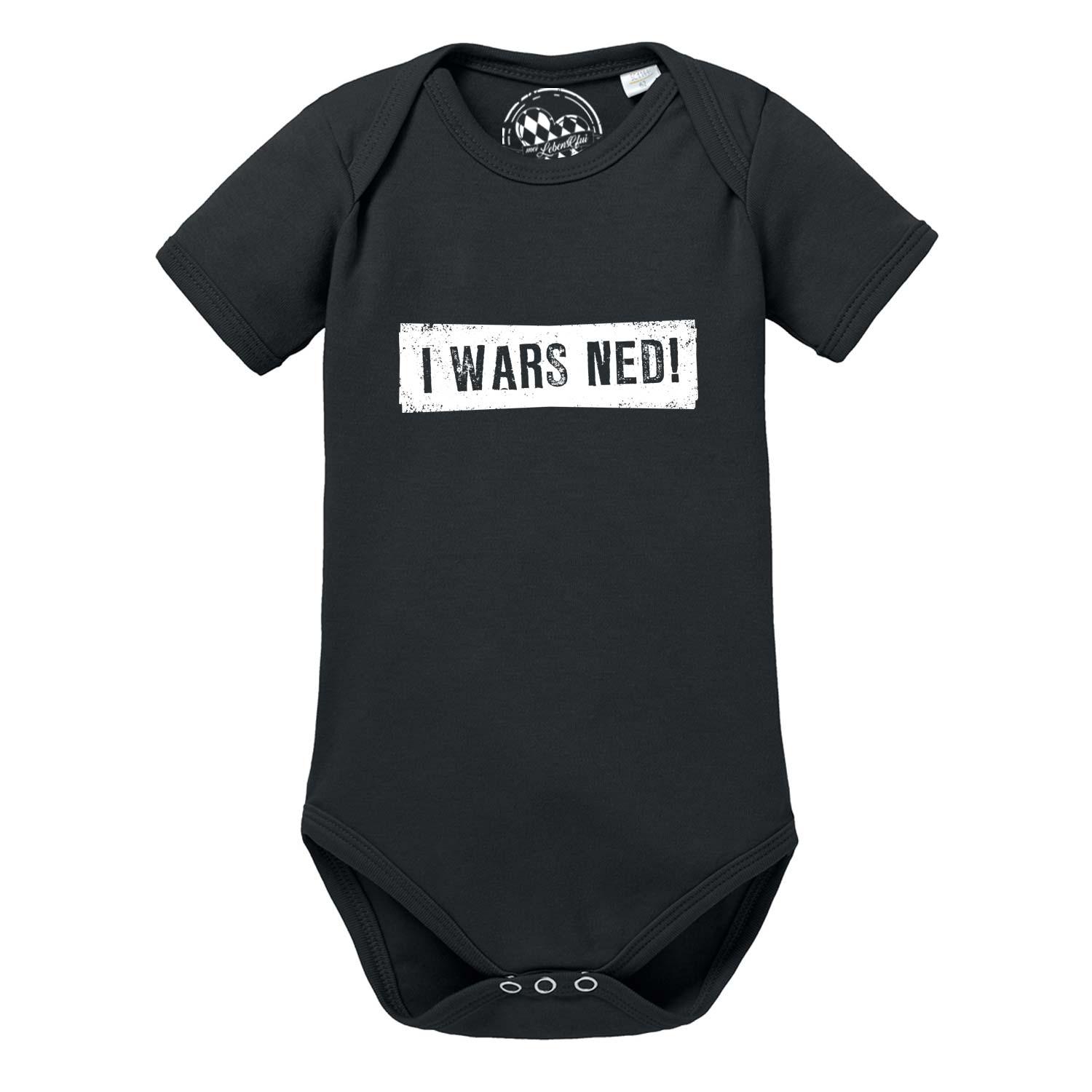 Schwarzer Baby Body "I wars ned!" mit weißem Schriftzug und kurzen Ärmeln aus Baumwolle.
