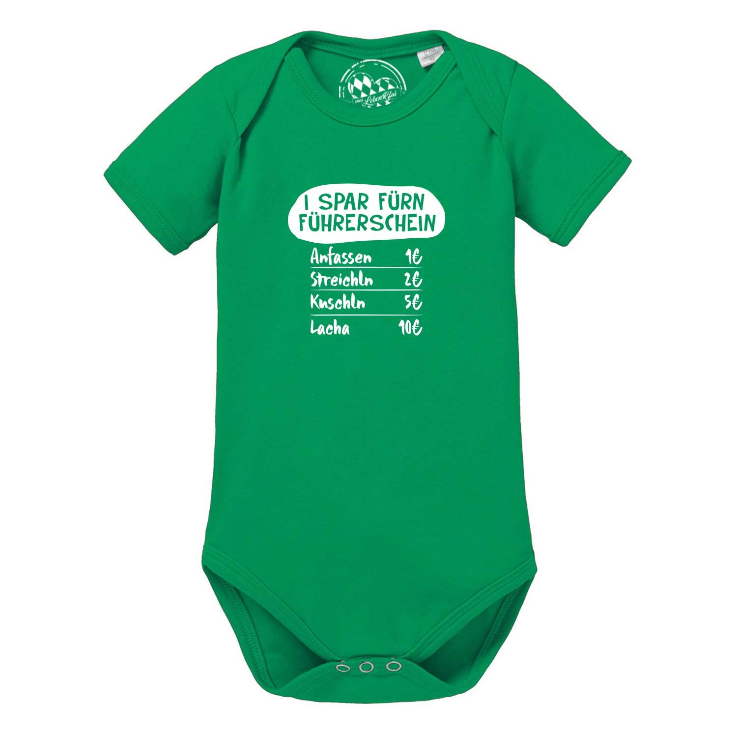 Grüner Baby Body fürn Führerschein mit lustigem Spruch und Preisliste für Anfassen, Streicheln, Kuscheln, Lachen