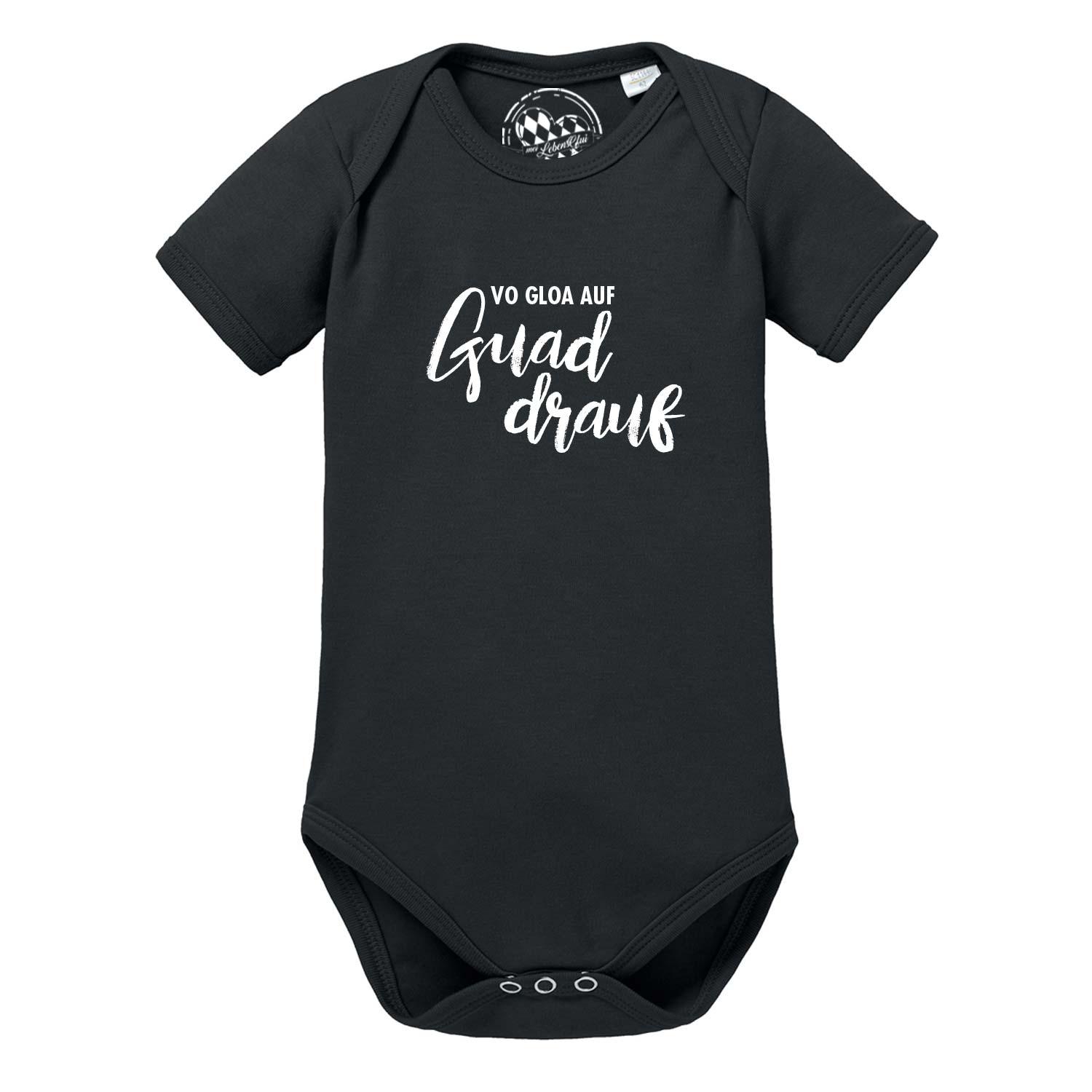 Hellblauer Baby-Body mit weißem Schriftzug „guad drauf“ und Aufdruck eines fröhlichen Smiley-Gesichts aus Baumwolle.