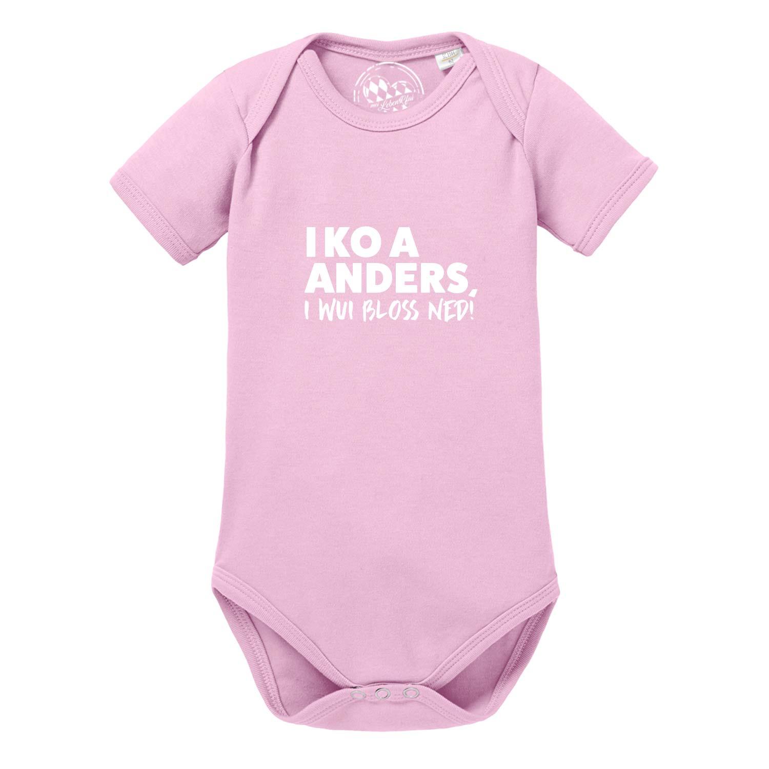 Hellblauer Baby-Body mit kurzem Arm, Front-Aufdruck „I wui bloß ned“, Rundhalsausschnitt, reine Baumwolle.