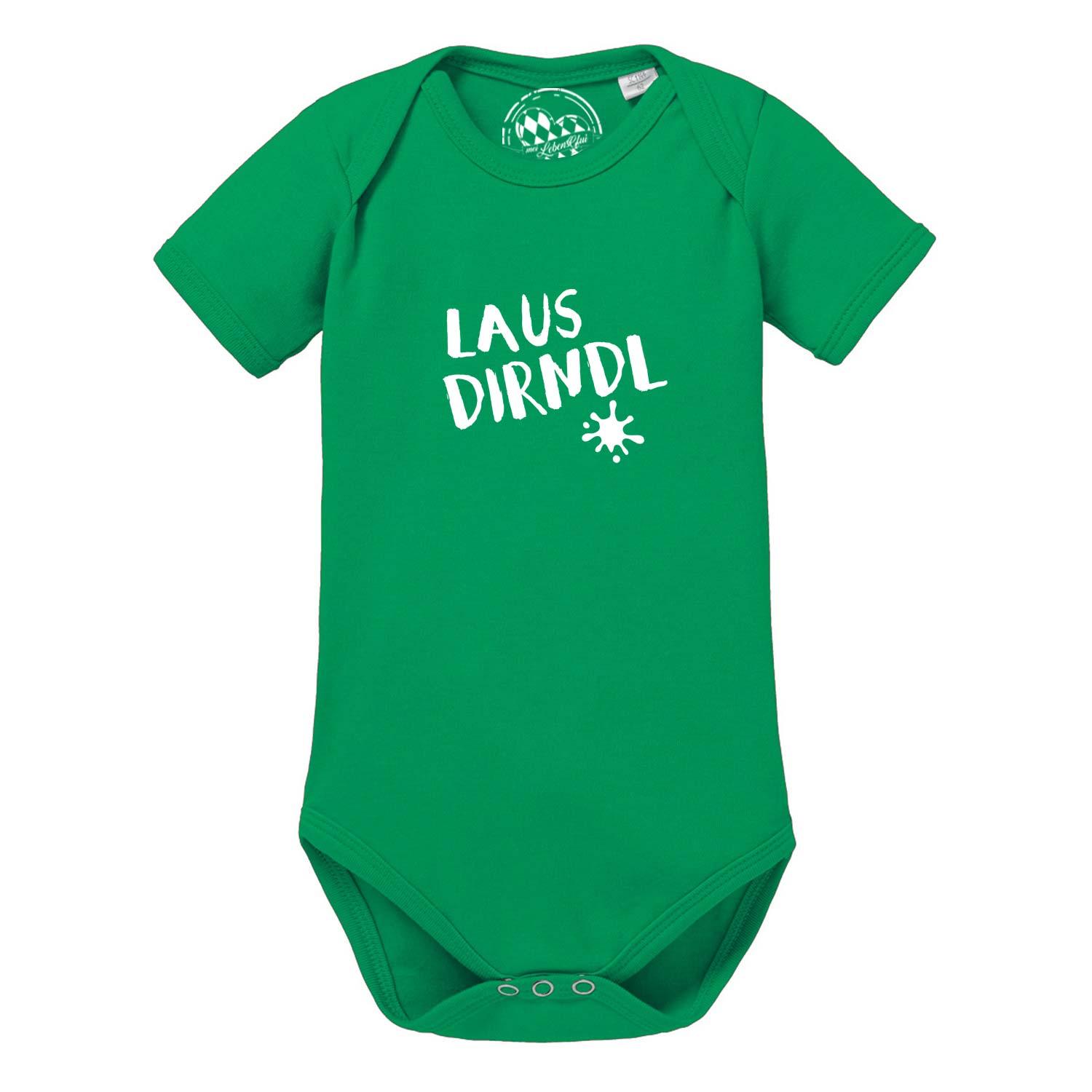 Rosa Babybody mit Aufschrift „Lausdirndl“ in Herzform, kurze Ärmel, Rundhalsausschnitt, aus Baumwolle.