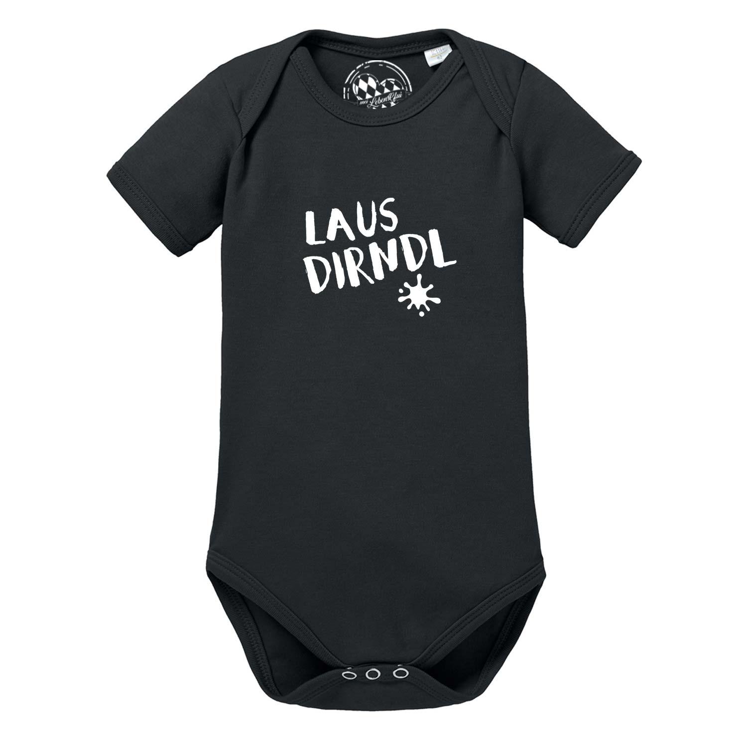 Weißer Babybody mit rosa Schriftzug „Lausdirndl“, Herzmotiv und kurzen Ärmeln aus weicher Baumwolle.