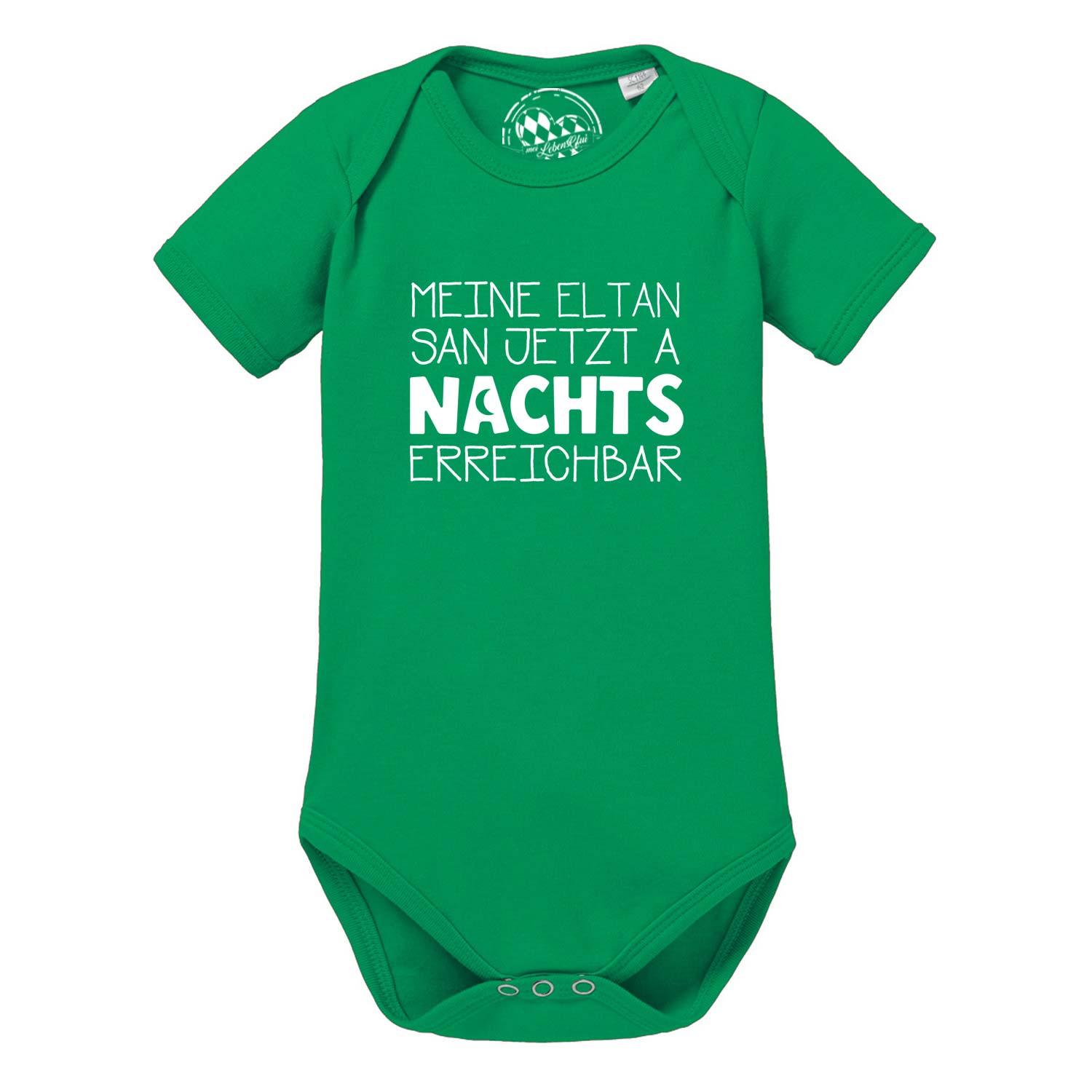 Grüner Baby Body Nachts erreichbar mit weißem Spruch für Jungen und Mädchen, kurzärmlig.