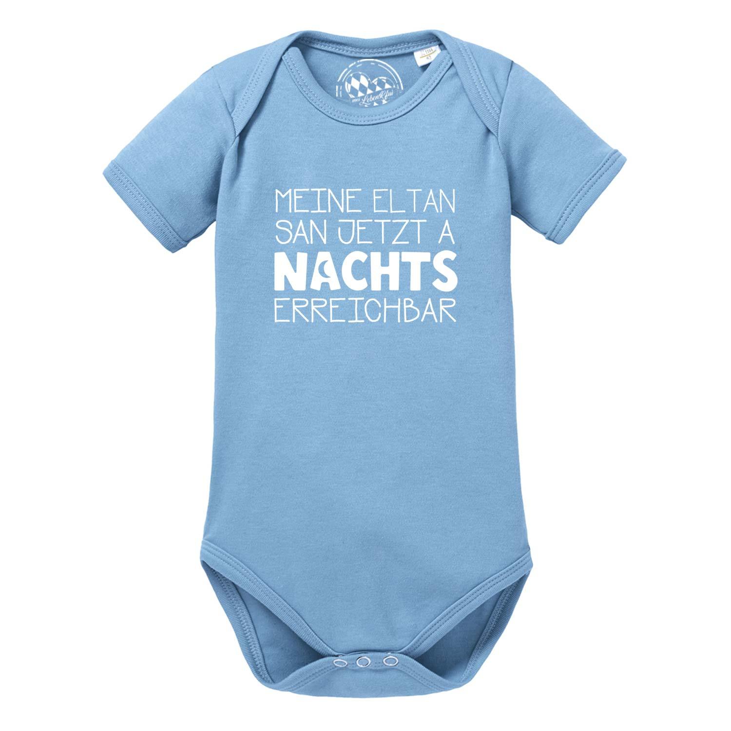 Baby Body Nachts erreichbar in Hellblau mit lustigem Spruch und kurzen Ärmeln für Neugeborene.