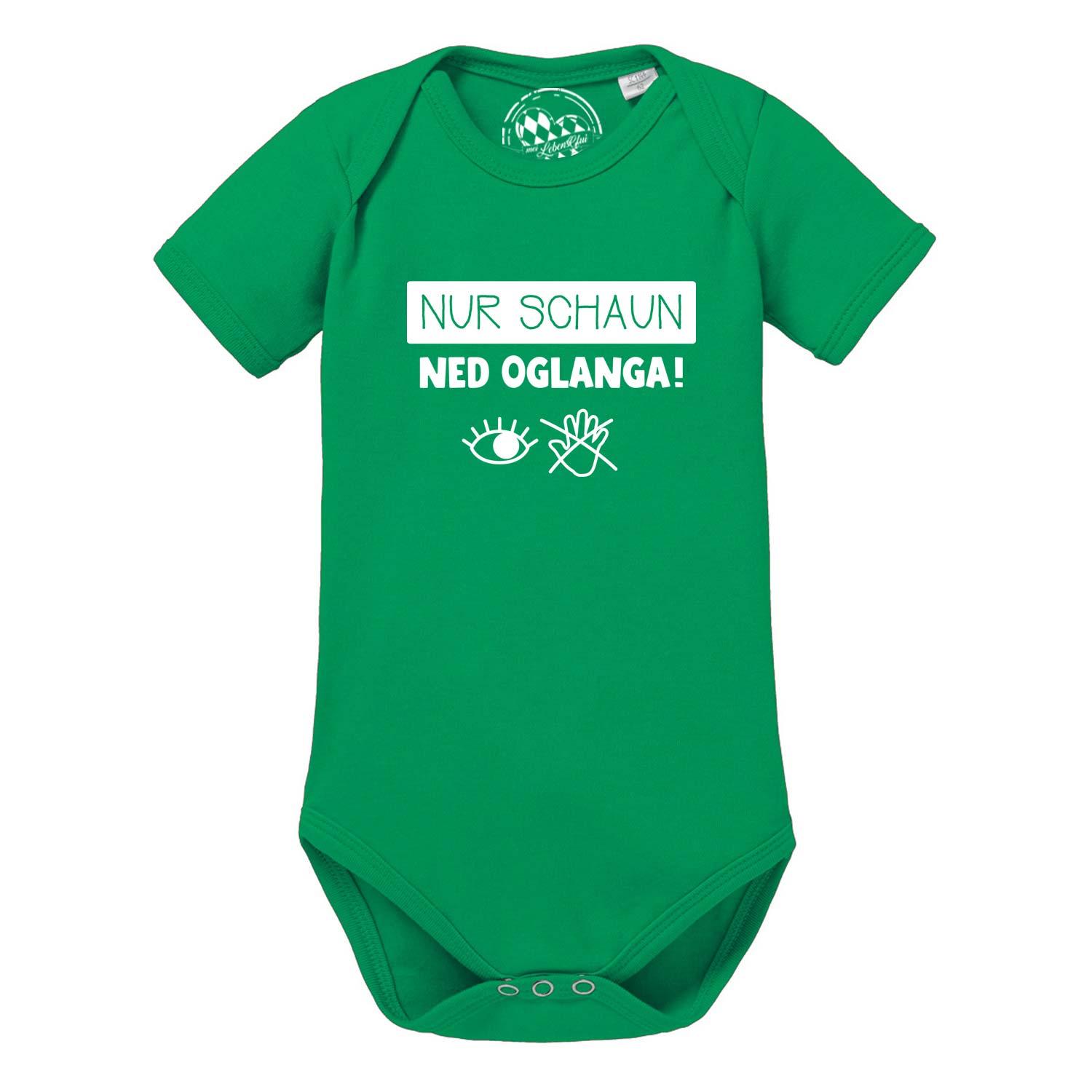 Weißer Babybody mit kurzen Ärmeln und dunkelblauem Schriftzug „Nur schaun, ned kaufa“, aus Baumwolle.