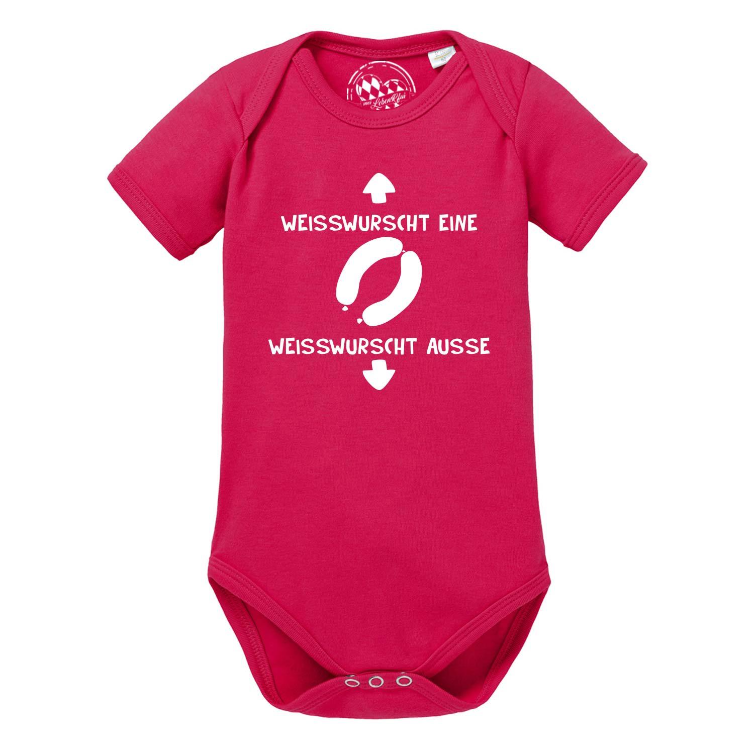 Weißer Kurzarm-Babybody mit blauem Weißwurst-Motiv und bayerischem Schriftzug, aus weicher Baumwolle.