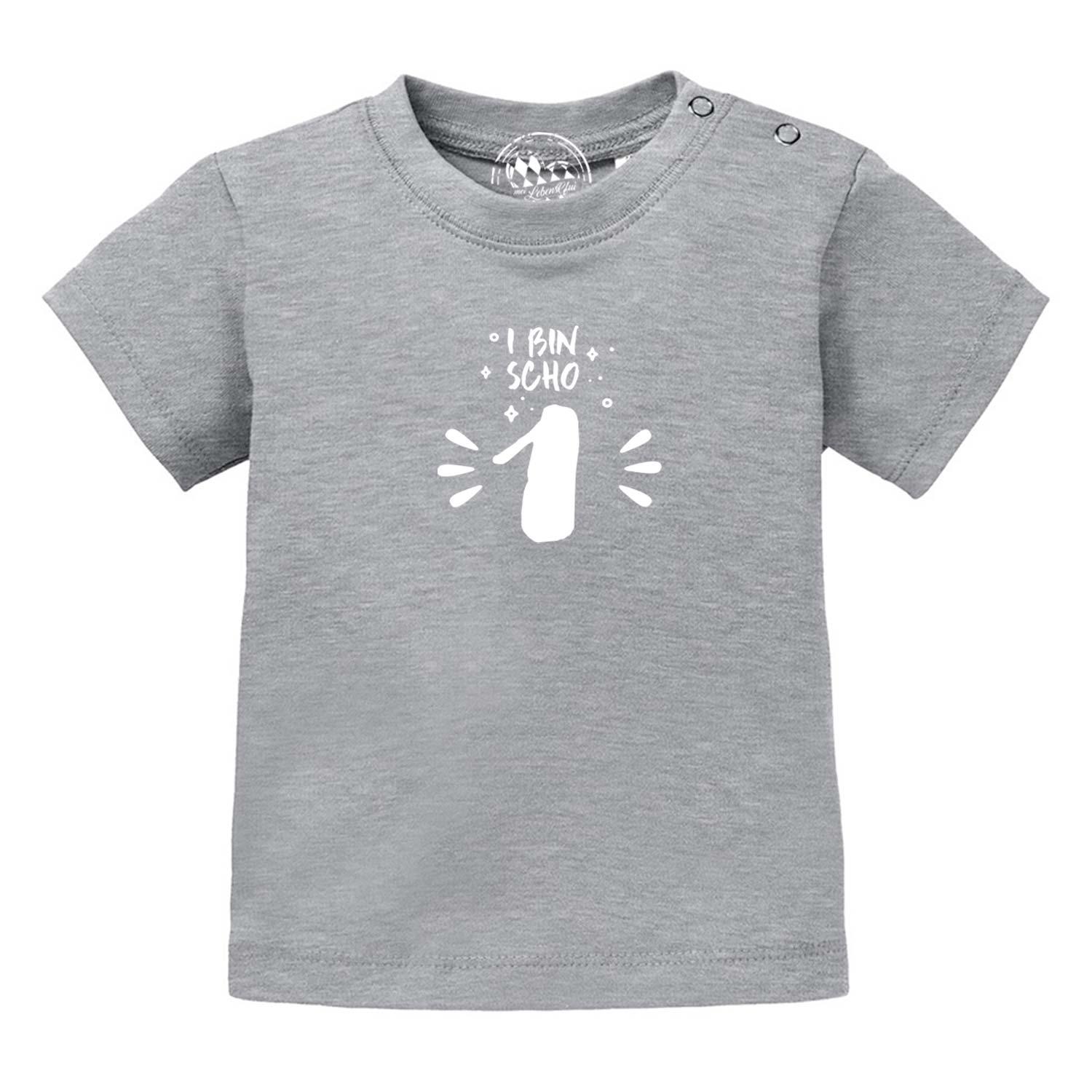 Graues Baby T-Shirt I bin scho 1! mit weißem Druck und Schulterknöpfen für den 1. Geburtstag