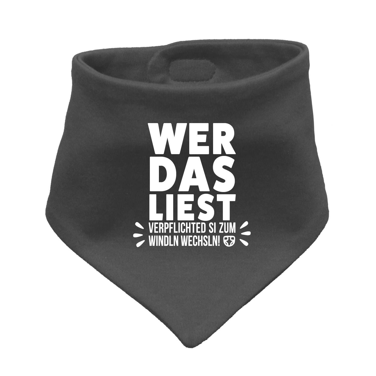 Schwarzgraues Babyhalstuch "Windln wechsln!" mit lustigem Spruch in weißer Schrift, ideal für Babys.