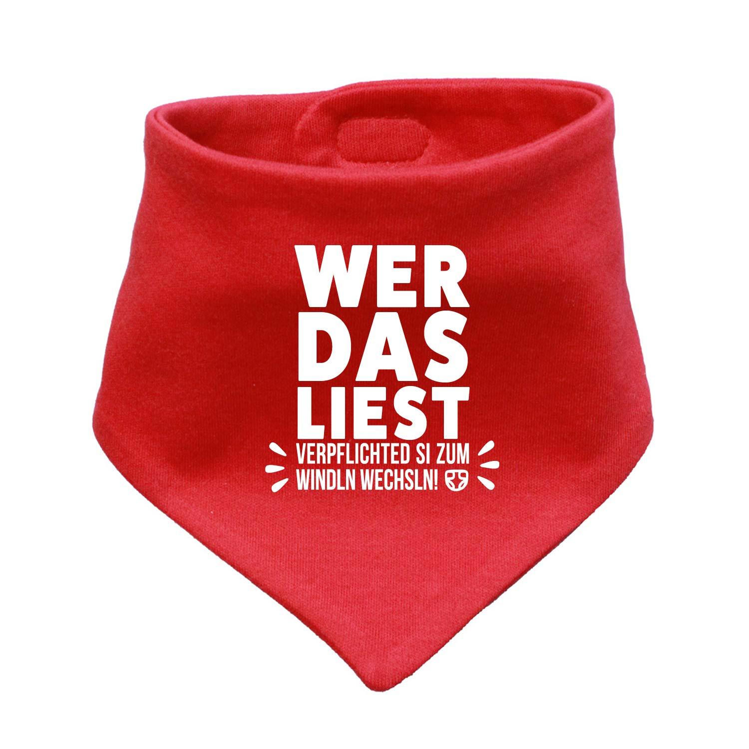 Rotes Babyhalstuch "Windln wechsln!" mit lustigem weißem Spruch für Baby und Kleinkind.
