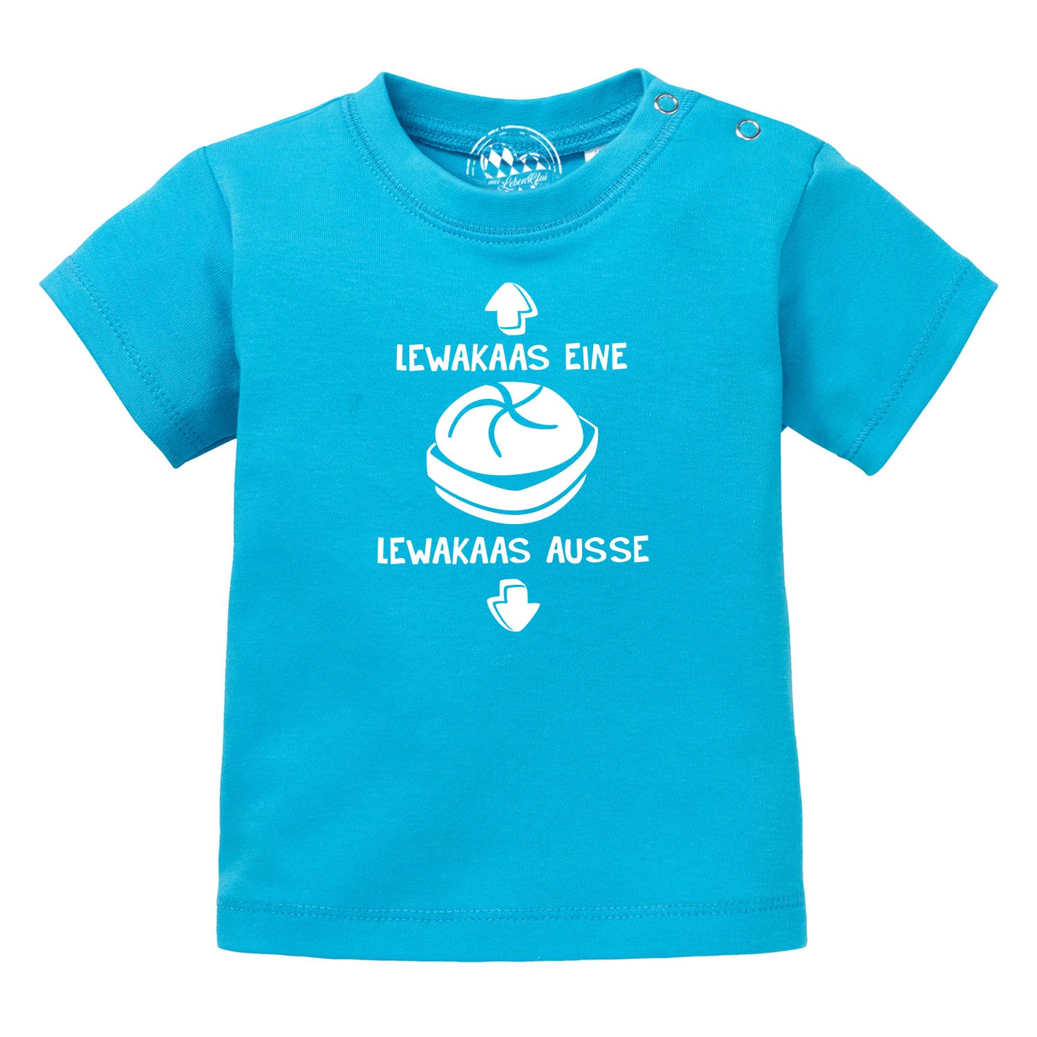Türkis kariertes Leberkas Baby Shirt mit weißem Spruch "Lewakaas eine Lewakaas ausse" und Semmel-Motiv.