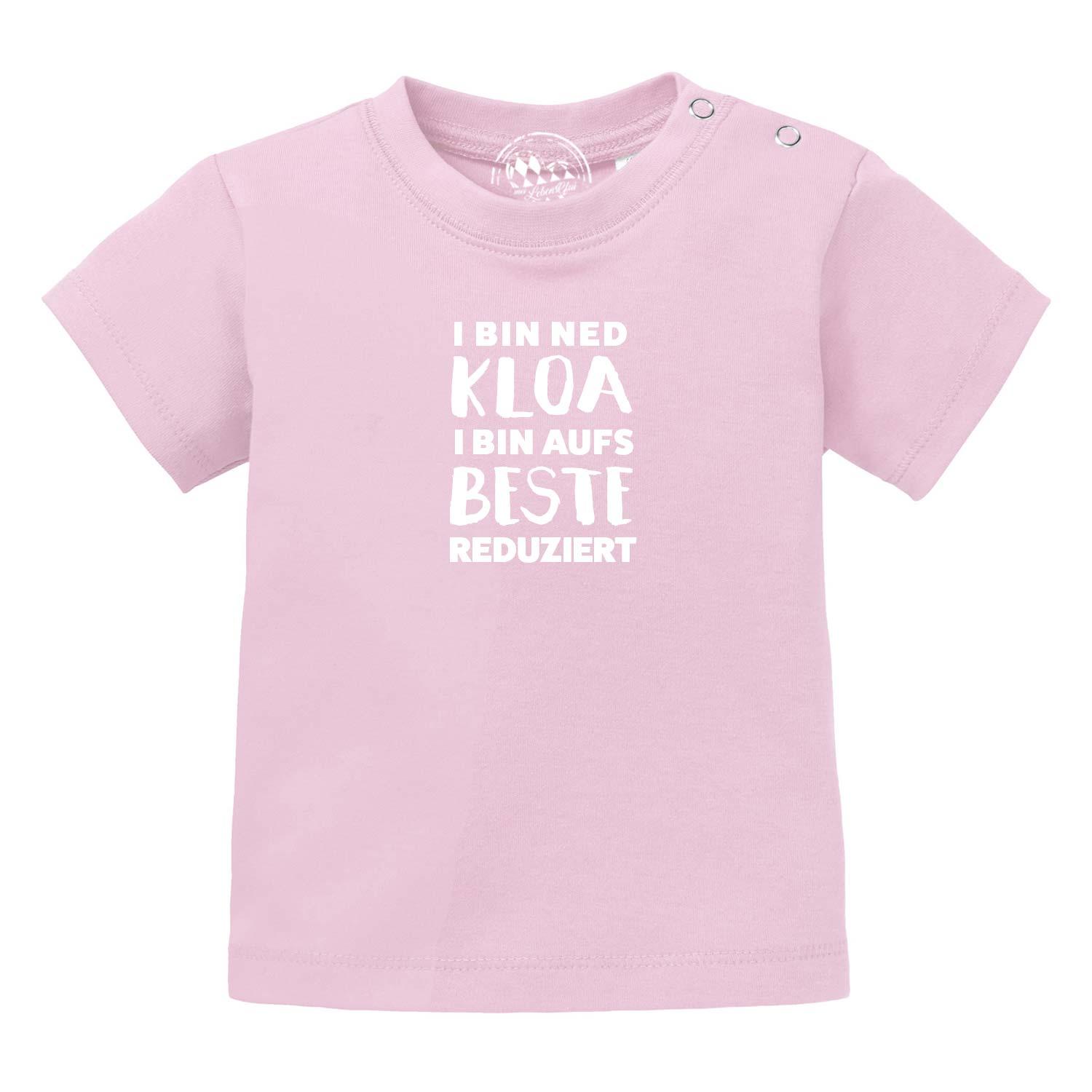 Baby-T-Shirt in Rosa mit weißem Brustdruck „aufs Beste reduziert“, Rundhalsausschnitt, Bio-Baumwolle.
