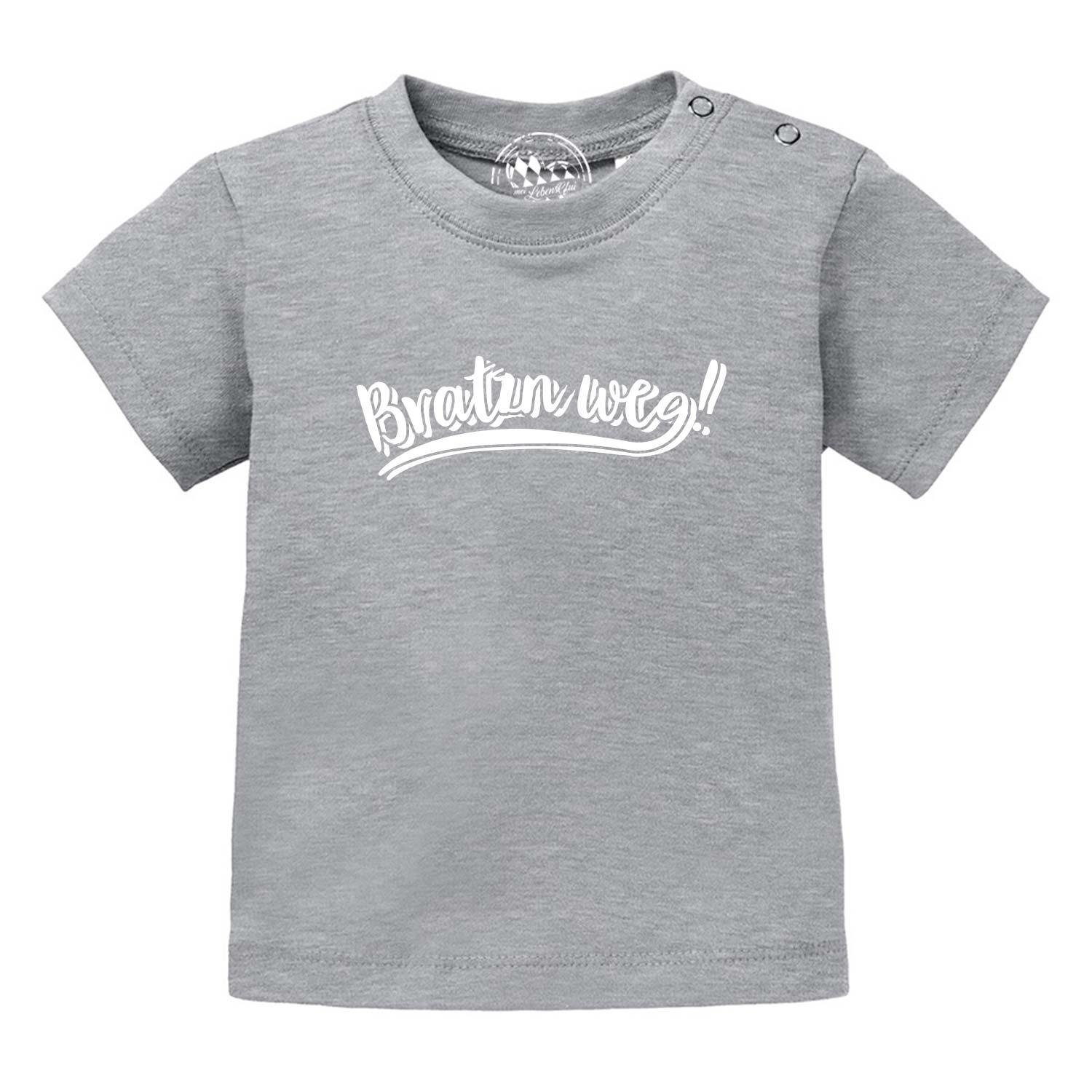 Graues Baby T-Shirt Bratzn weg mit Rundhalsausschnitt und praktischen Knöpfen an der Schulter.