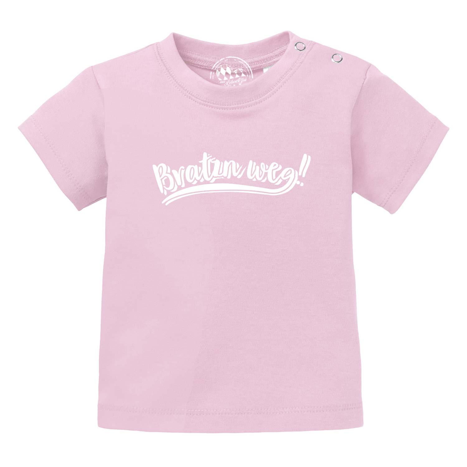 Rosafarbenes Baby T-Shirt Bratzn weg mit weißem, verspielten Schriftzug und Druckknöpfen an der Schulter.