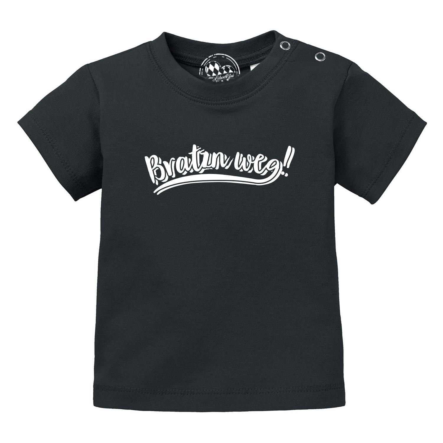 Schwarzes Baby T-Shirt "Bratzn weg" aus Baumwolle mit weißem Schriftzug und Druckknöpfen an der Schulter.