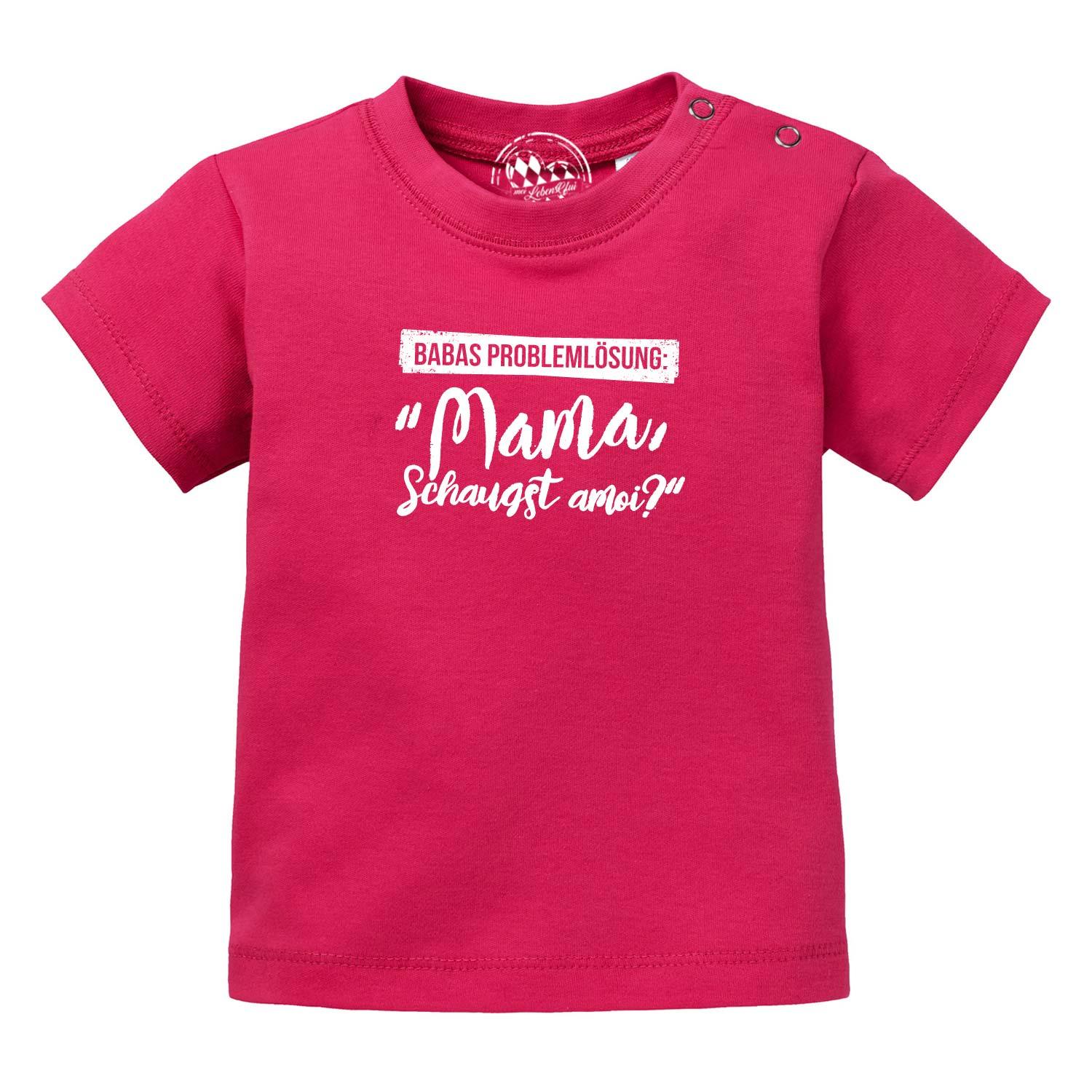 Baby T-Shirt Papas Problemlösung in Fuchsia, kurzärmelig mit Druckknöpfen und weißem Spruch.