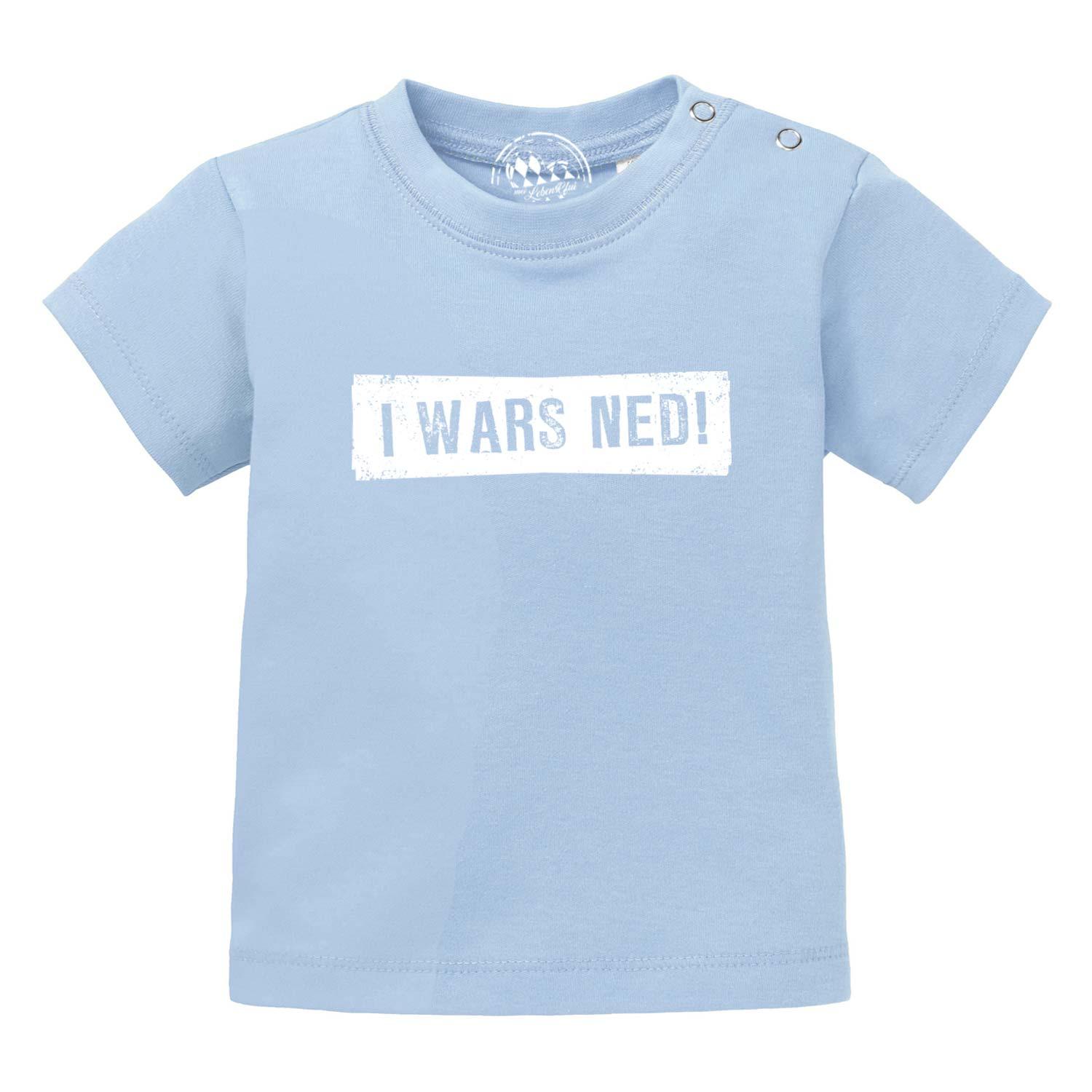 Helles Baby T-Shirt I wars ned! aus Baumwolle in Hellblau mit Druckknöpfen an der Schulter.