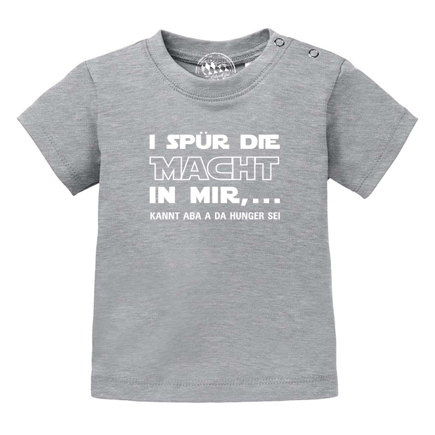Graues Baby T-Shirt "I spür die Macht" mit lustigem Spruch in weißer Schrift, Druckknöpfe an der Schulter.