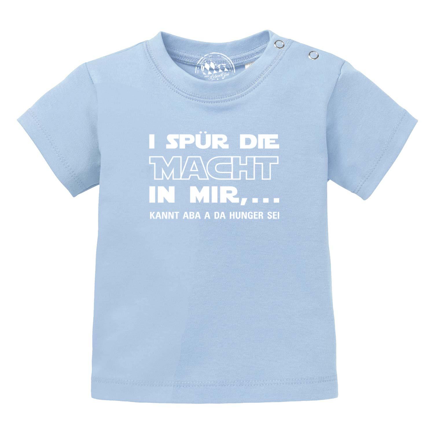 Hellblaues Baby T-Shirt "I spür die Macht" mit weißem Spruch und praktischen Druckknöpfen an der Schulter.