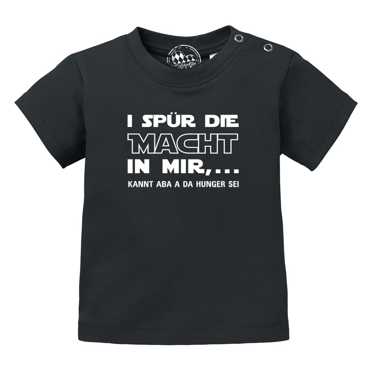 Schwarzes Baby T-Shirt I spür die Macht mit weißem Schriftzug und Druckknöpfen an der Schulter.